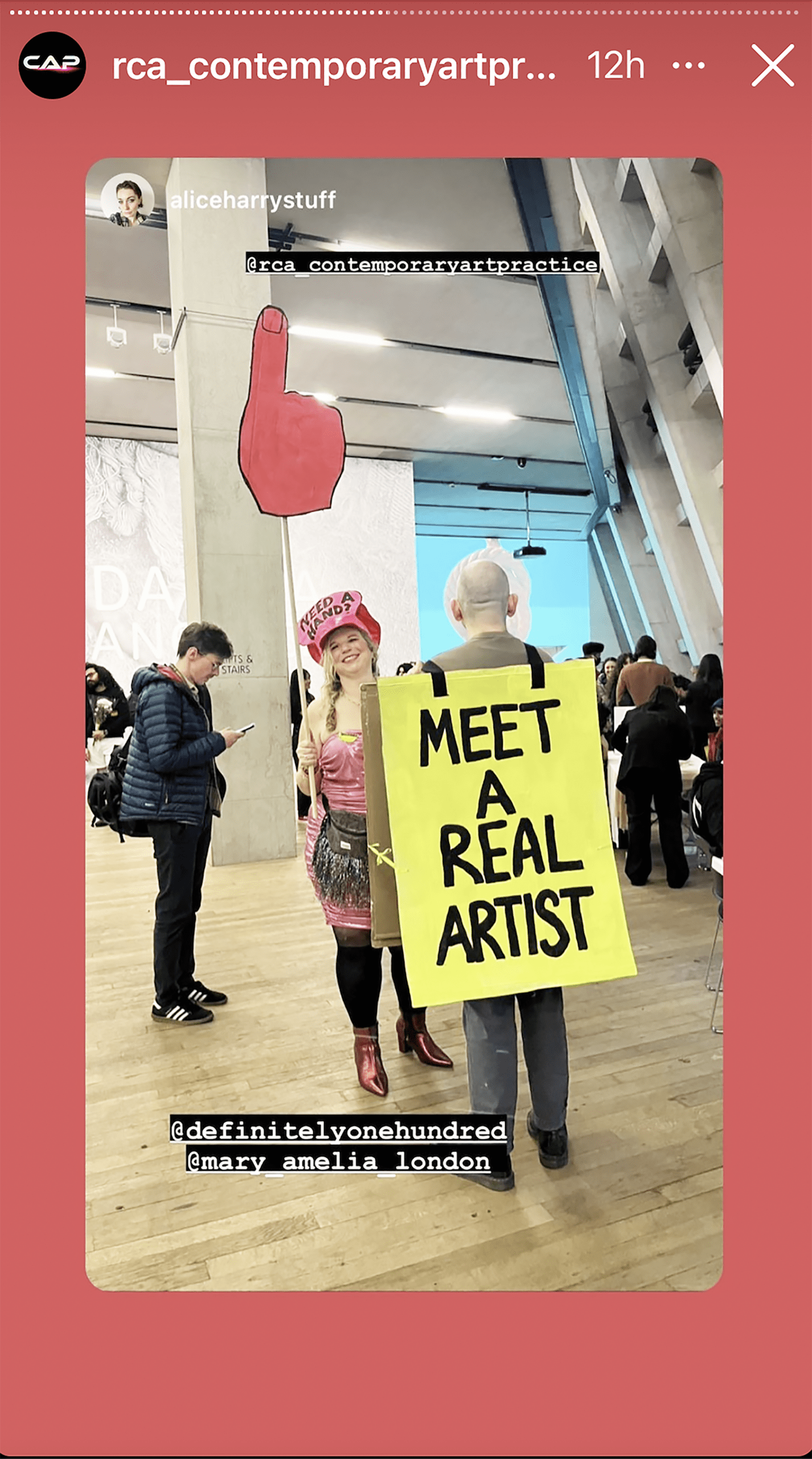 aliceharrystuff Instagram post showing Mary Amelia London and Dan Mahony at Tate Late. Dan is wearing a sandwich board