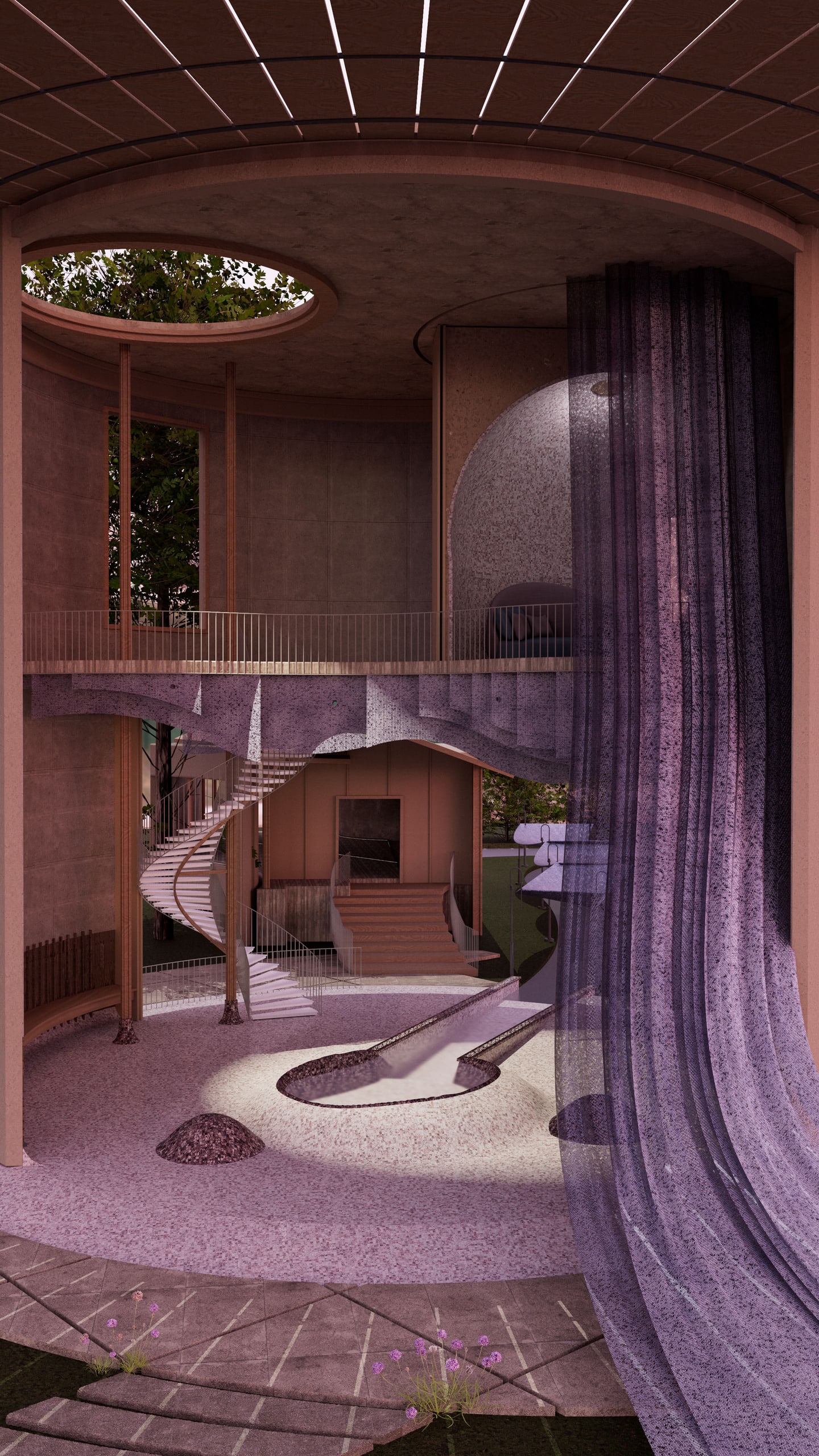 Water cremation room, therapy suite above — flickering fabrics, creating a soundscape of bamboo leaves rustling in the wind 