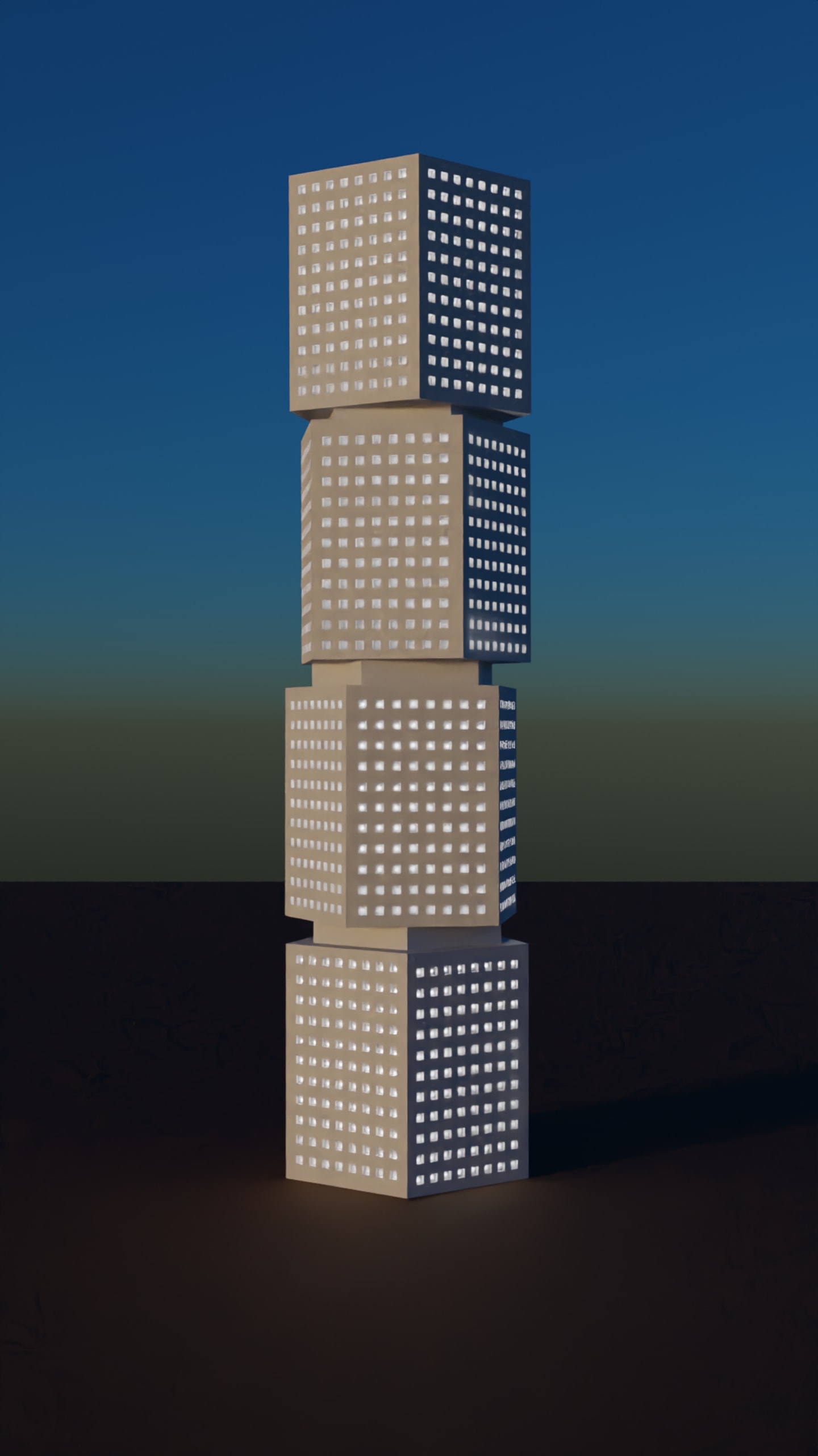 A tall, multis-sectional Pentagonal tower with hundreds of small windows in an empty landscape.