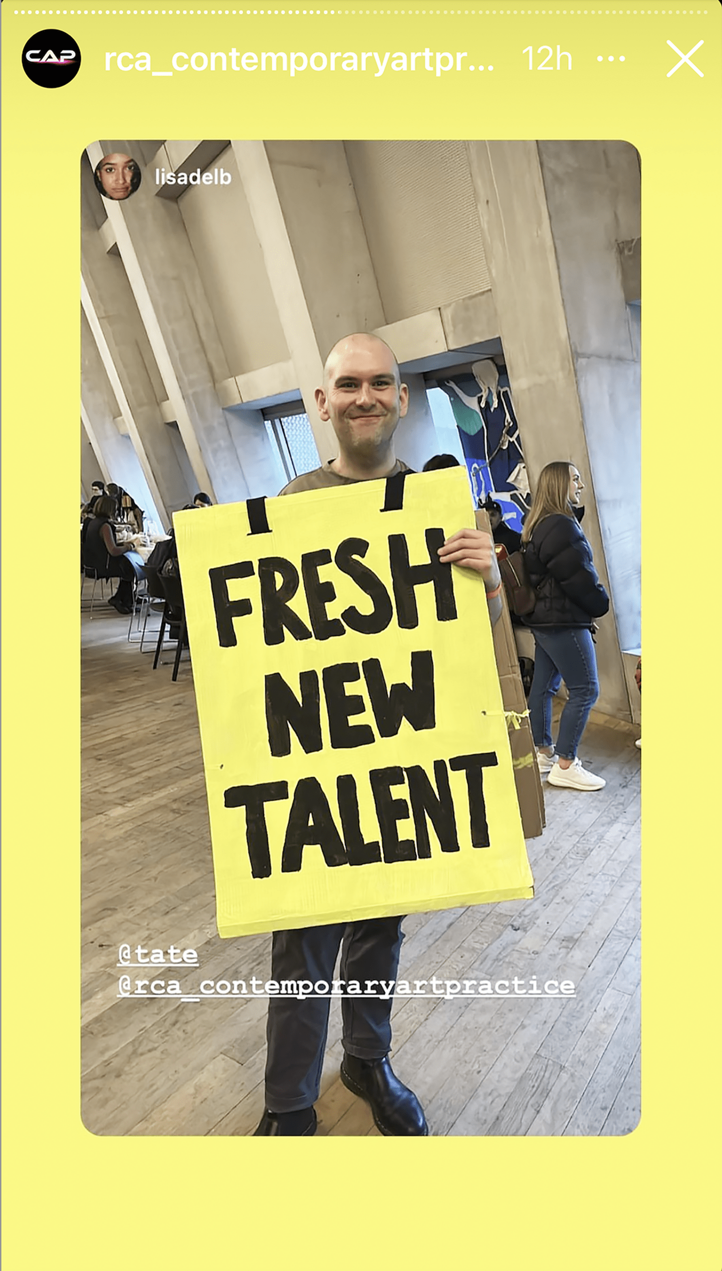 lisadelb Instagram post showing Dan Mahony wearing a sandwich board that says Fresh New Talent at Tate Late