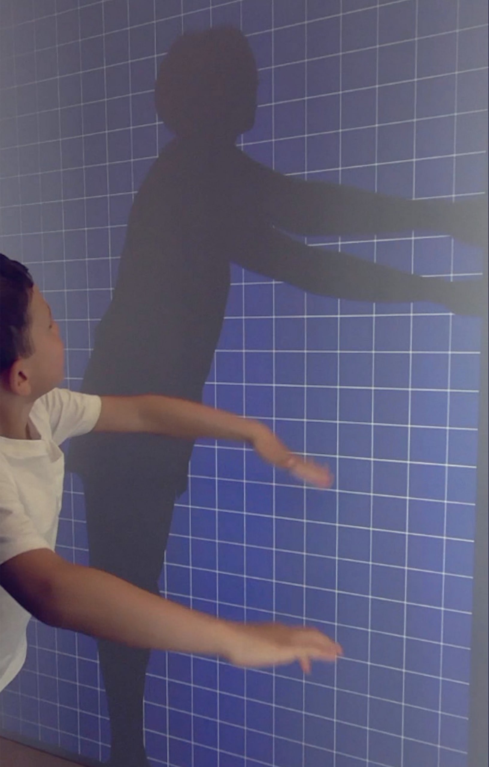 a boy standing in front of a blue grid with a shadow