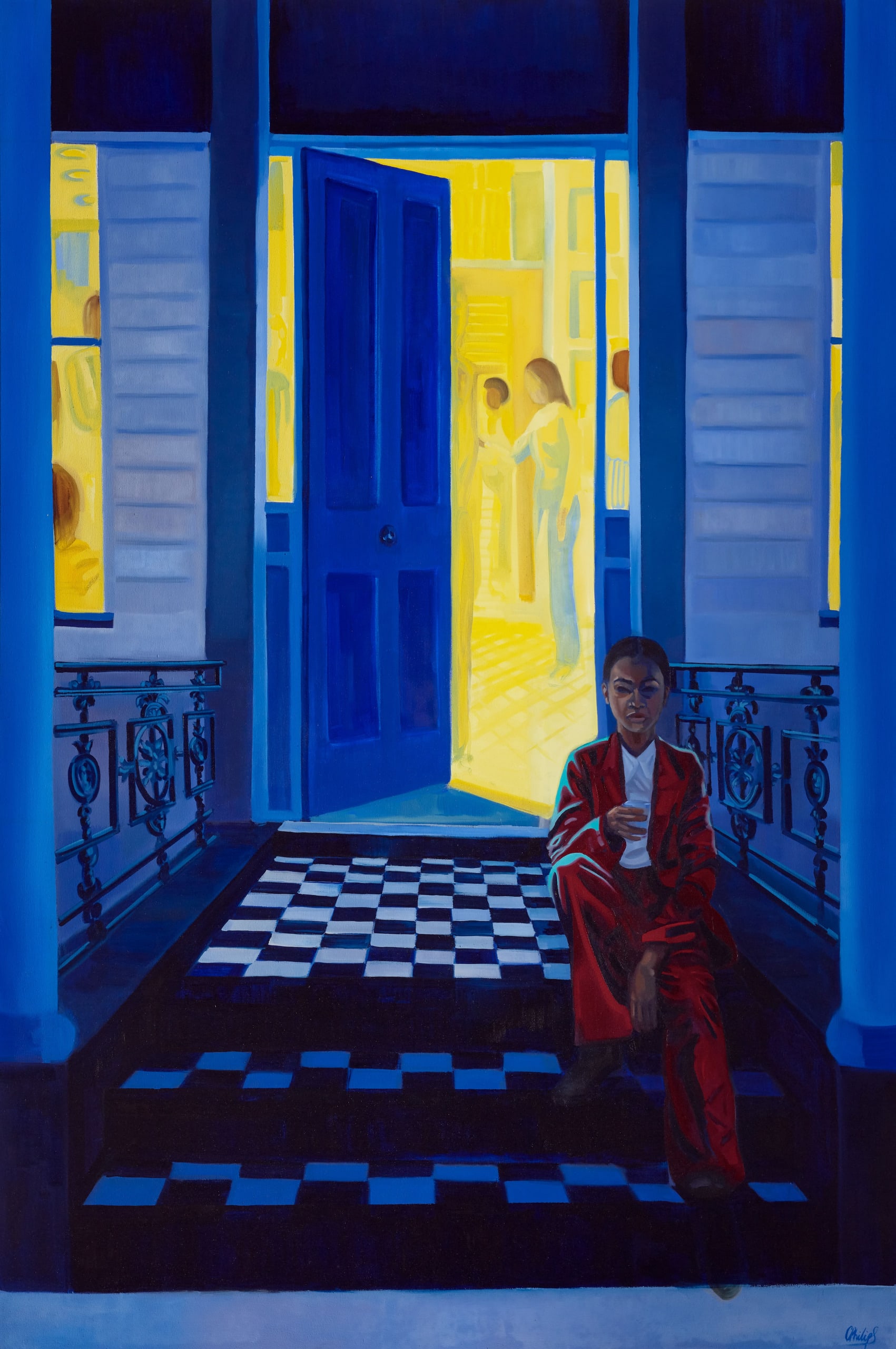 A woman in a red suit sits atop tiled steps. Behind her a door is ajar with abstract figures in yellow light.