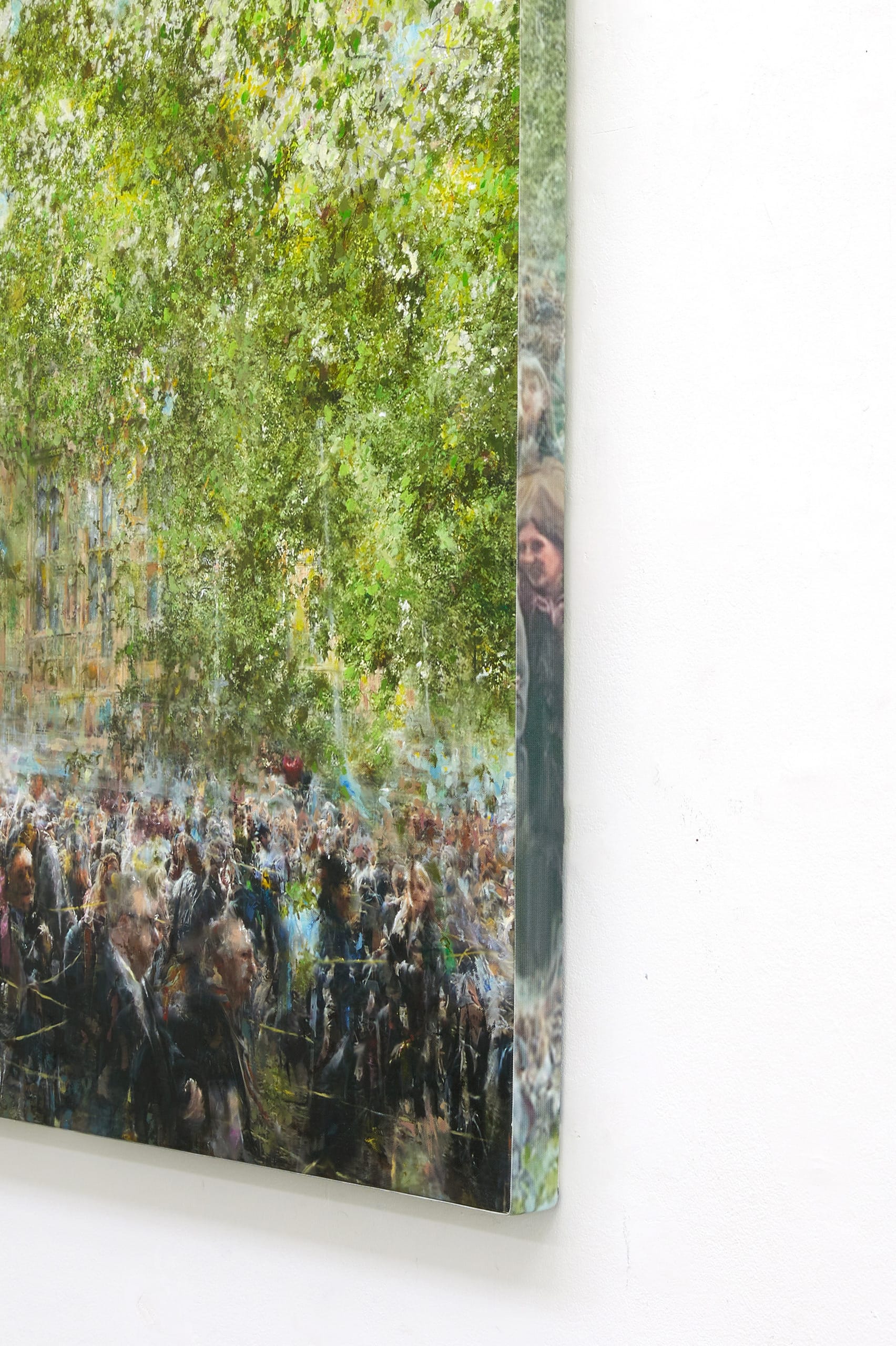 A distorted image of crowds of people under a layer of green trees, digital collage of photographic material.