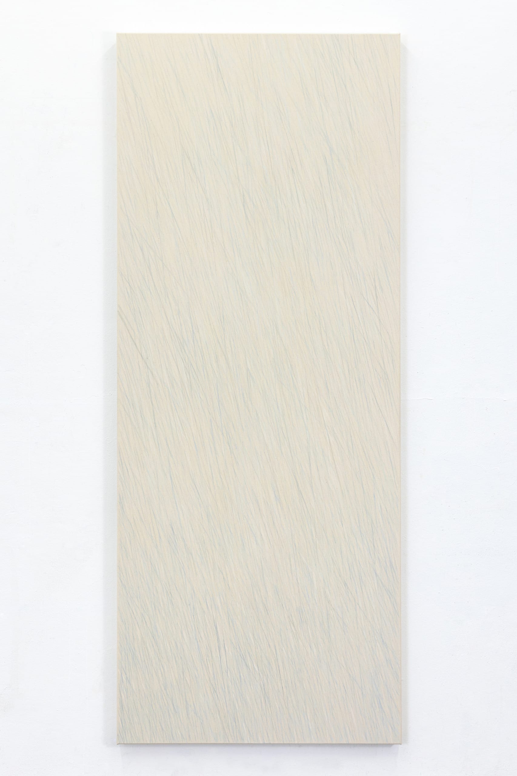 rain-like lines in white and blue crossing the long canvas 