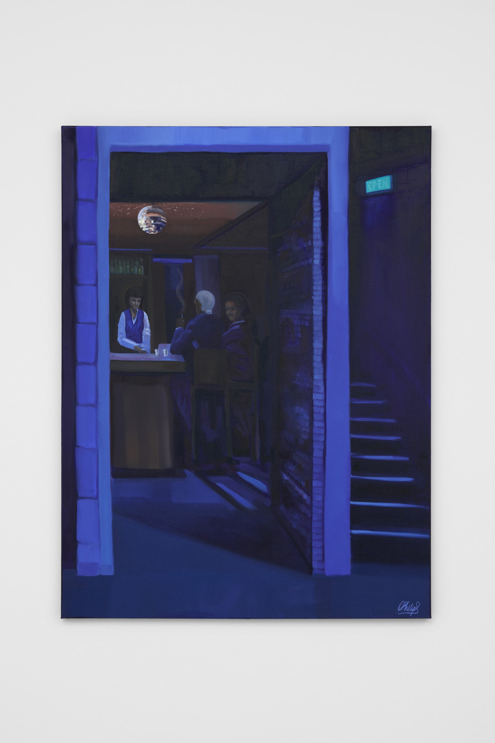 Three women gather at a bar through a doorway. A disco ball hangs overhead but the mood is sombre. 