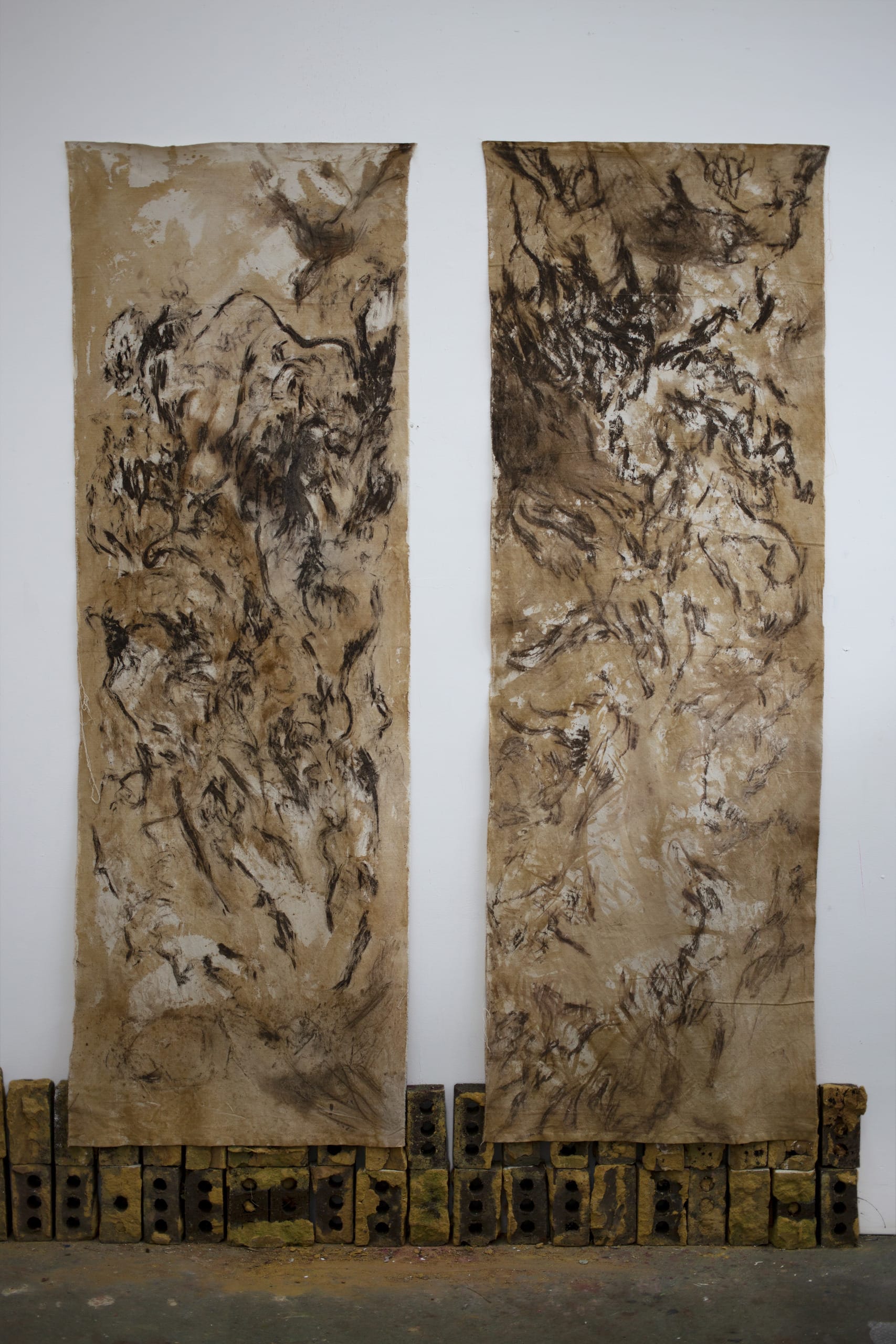 brown stained tapestry; diptych 