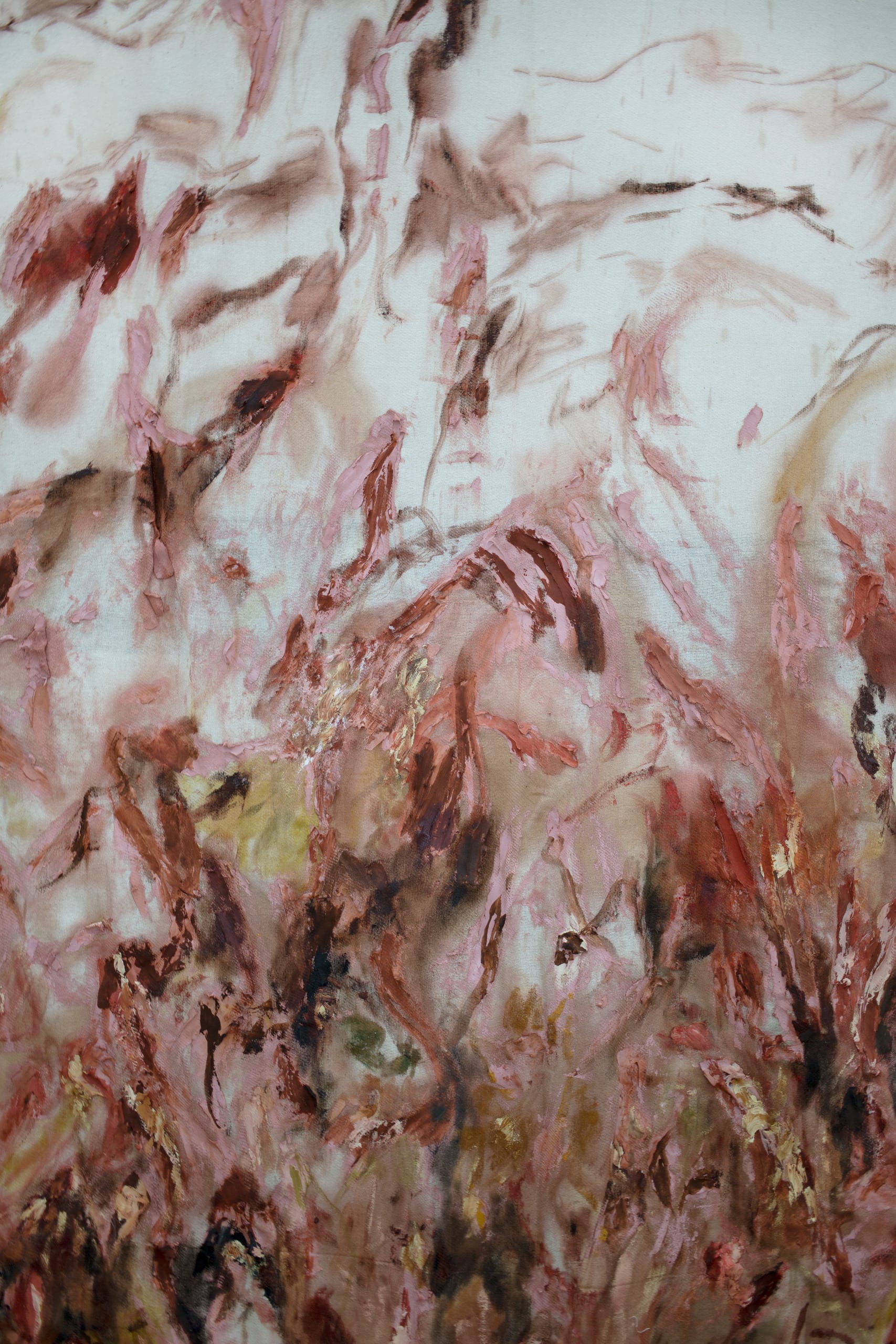 close up of clay and oil paint clawed onto dust sheet 