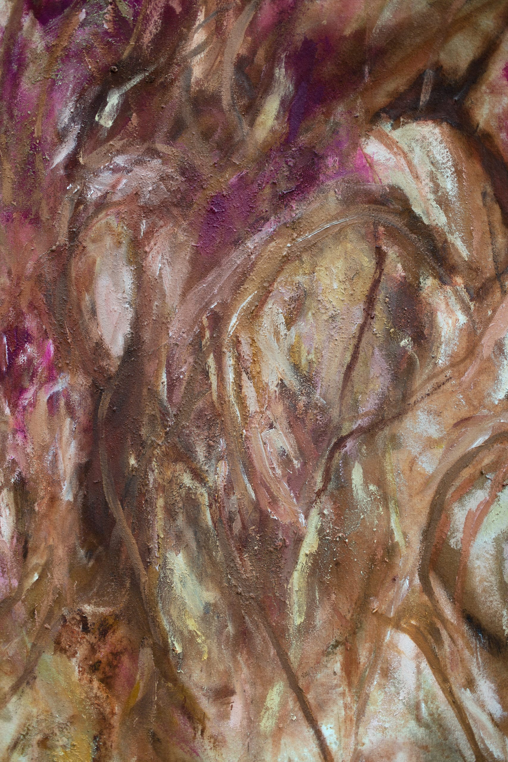 close up of brown and pink painting; thin lines of oil paint and sand