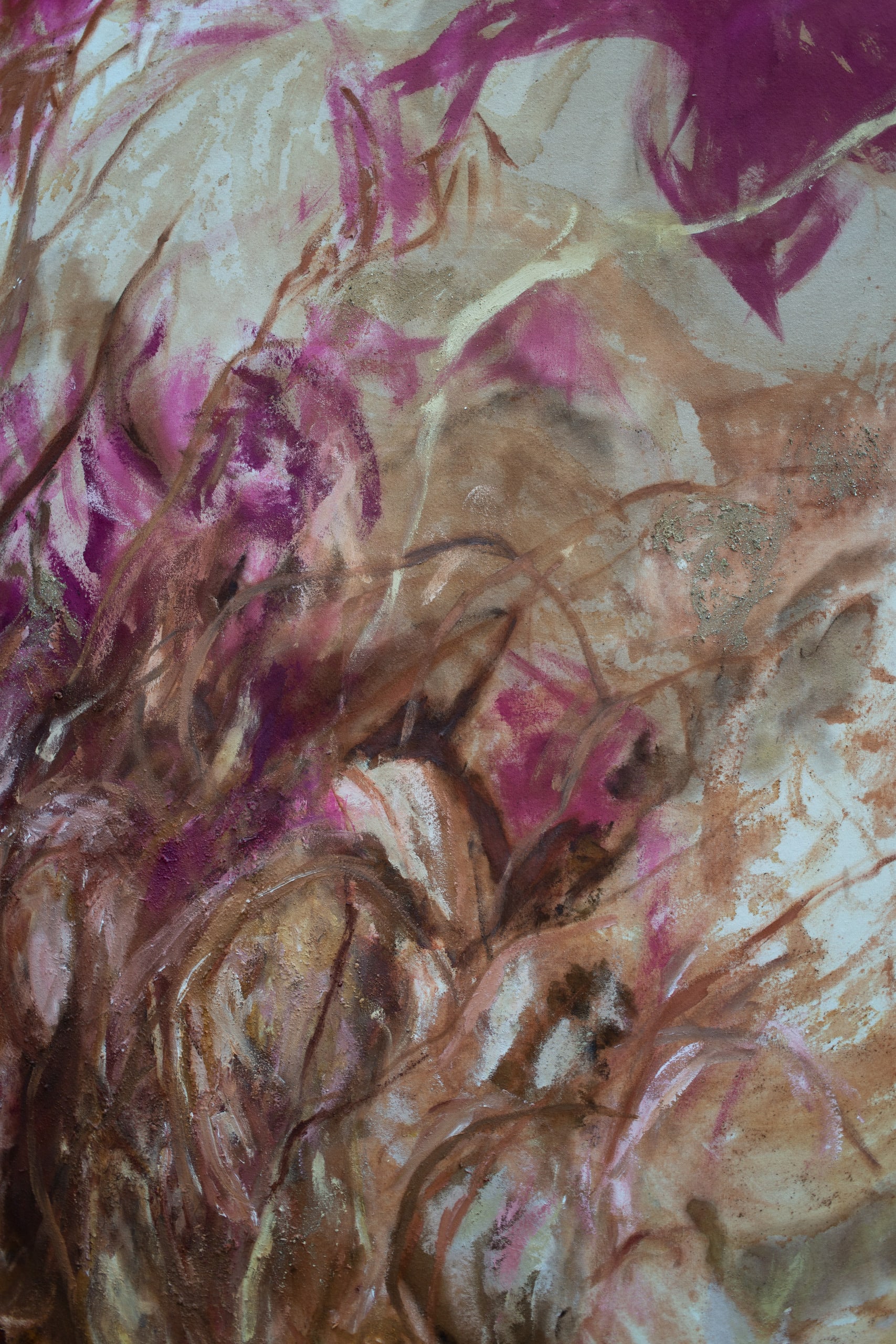 close up of brown and pink painting; thin lines of oil paint and sand