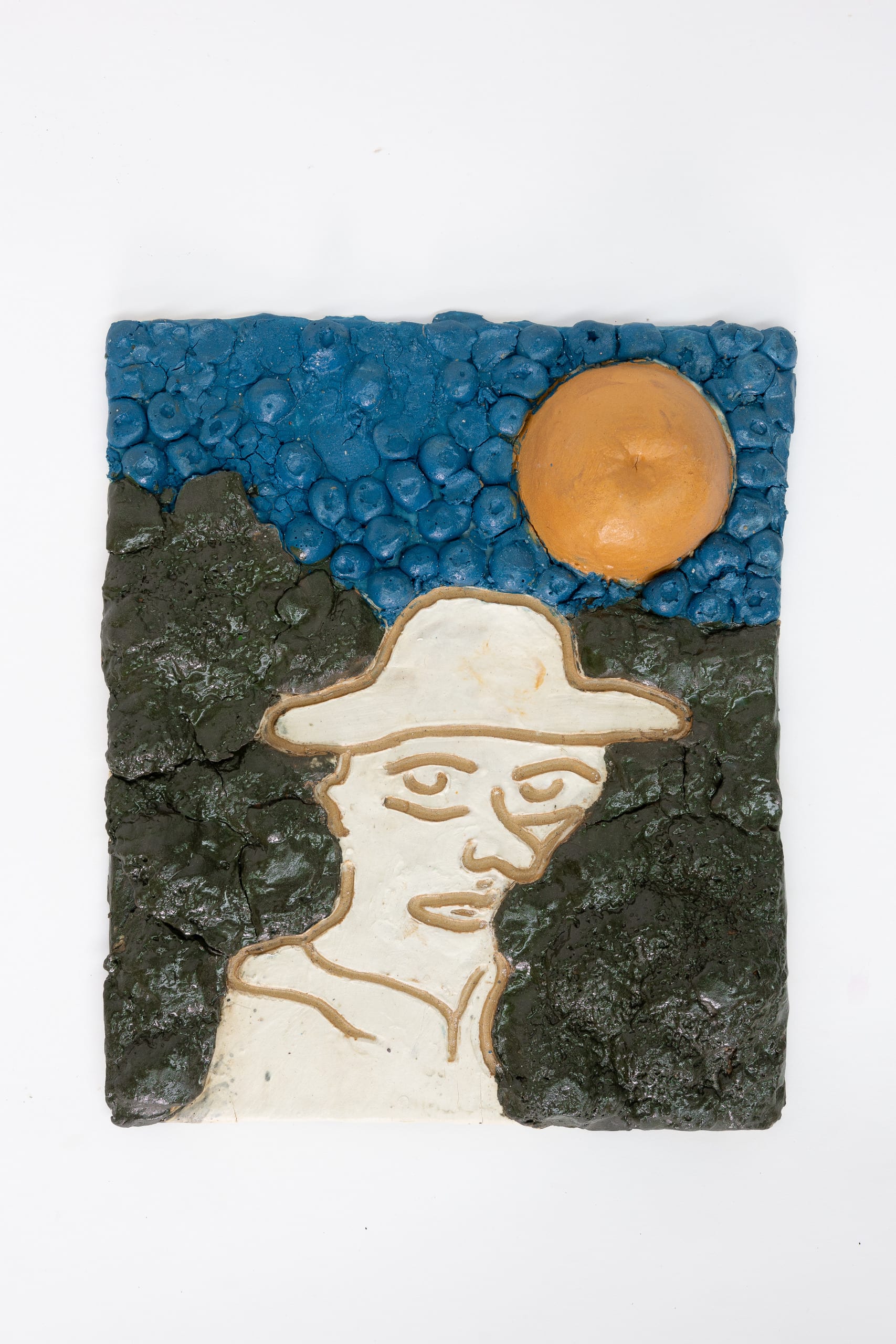 Tile, individual in a field of broccoli, orange sun and blueberry sky.