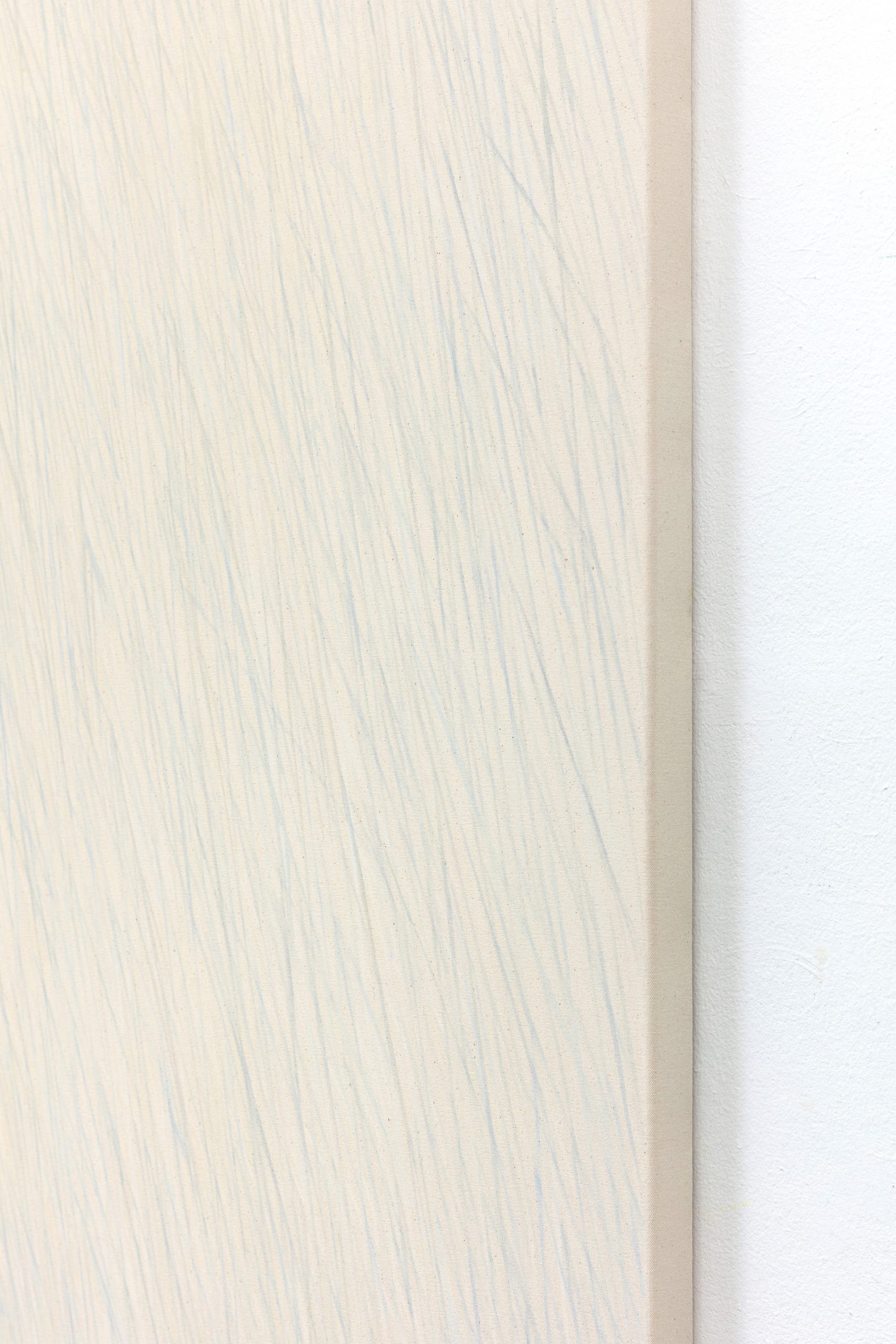 detail shot from the side of the painting. rain-like lines in white and blue crossing