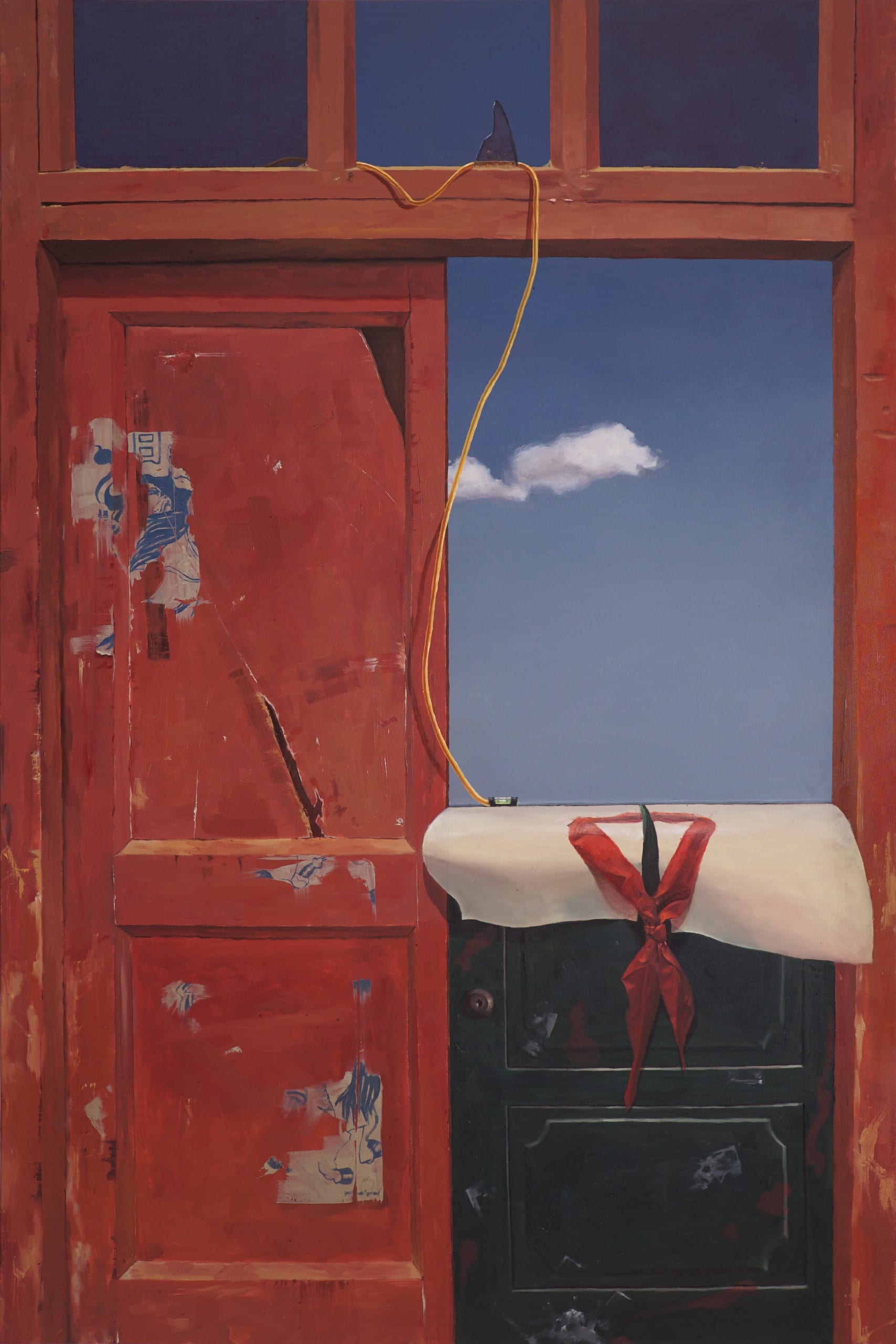 oil painting of a crimson door, a blue sky and a red scarf
