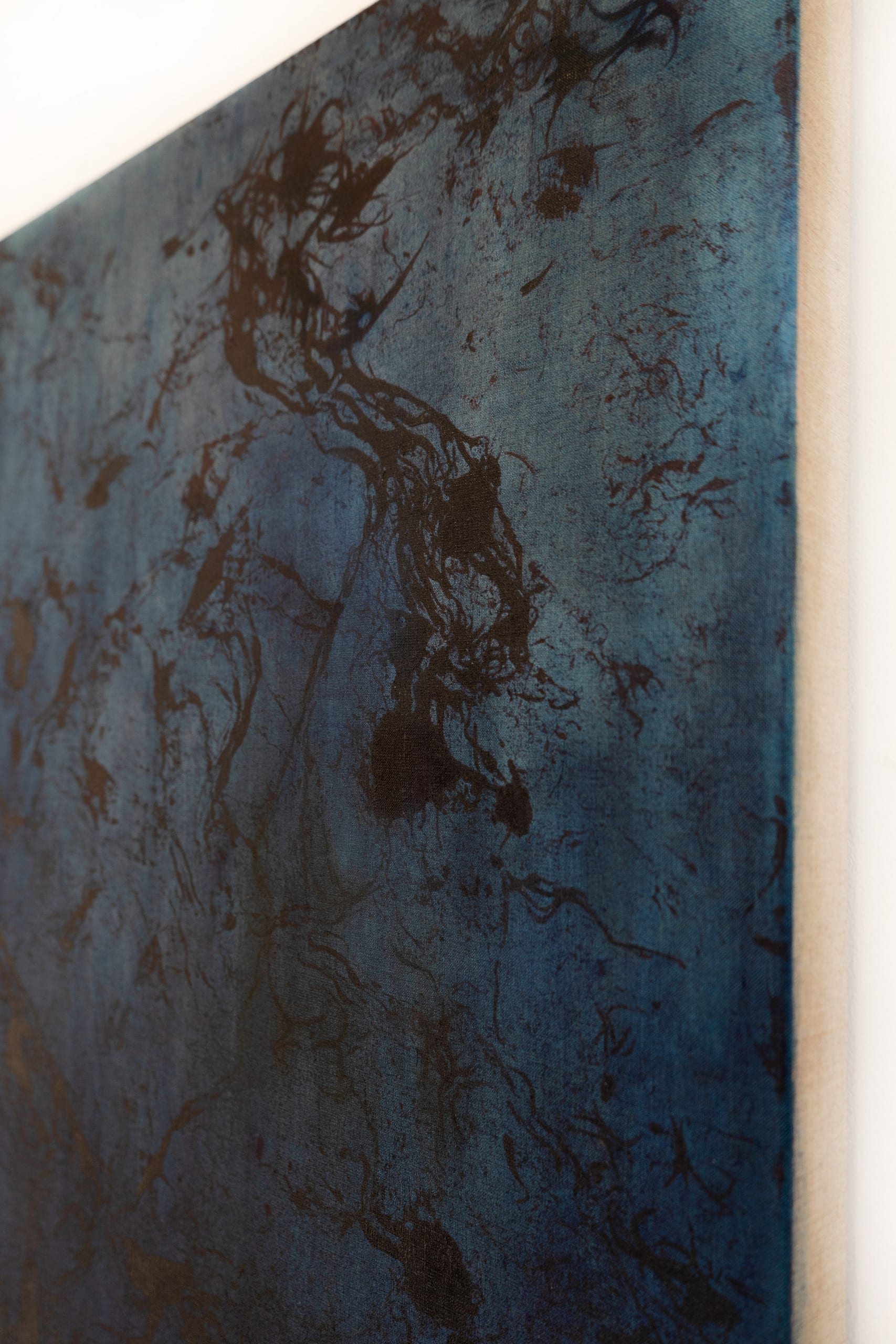details of a dark blue oil painting on linen with different thickness of lines 