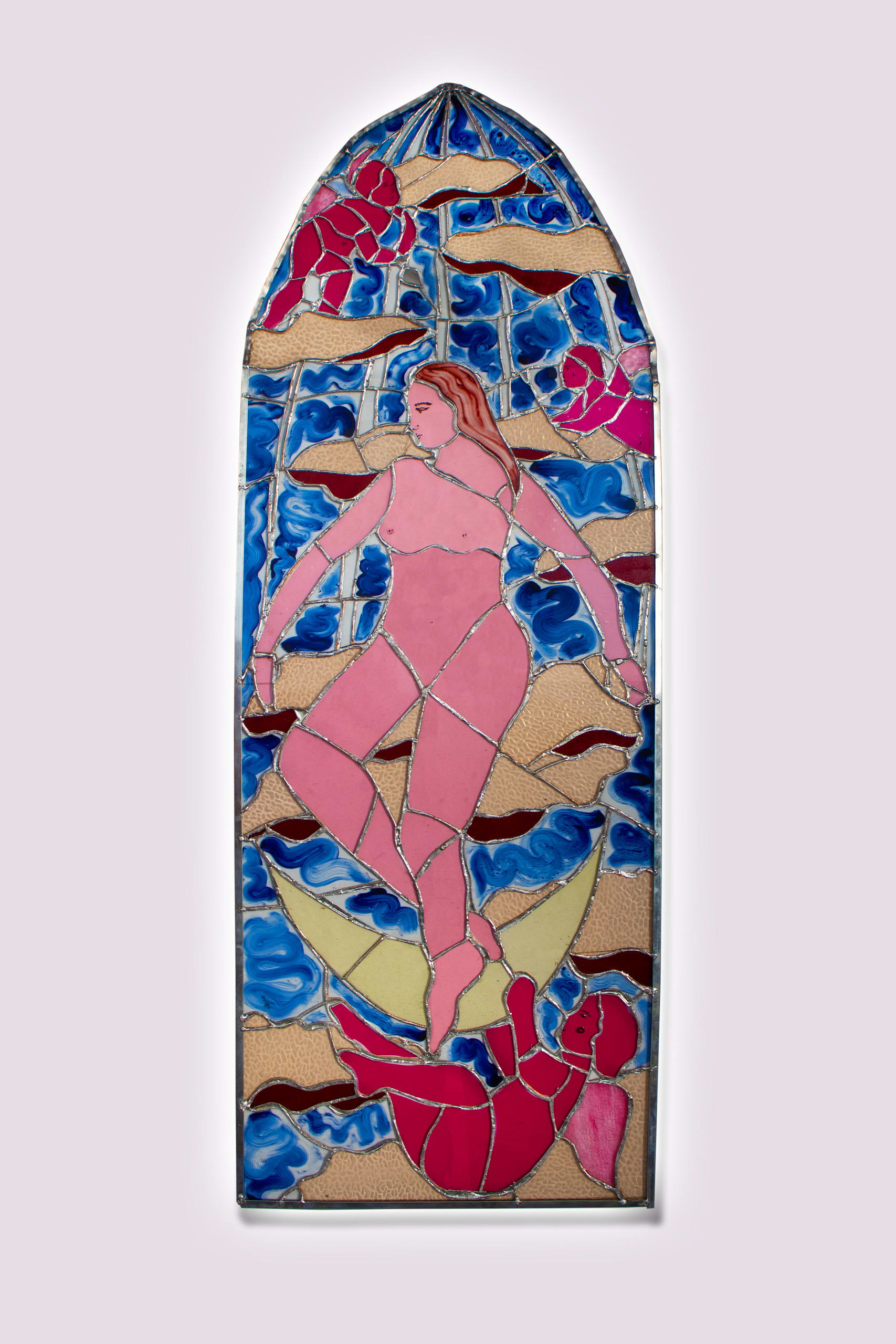 Stained glass panel depicting pink nude woman ascending through clouds and blue sky