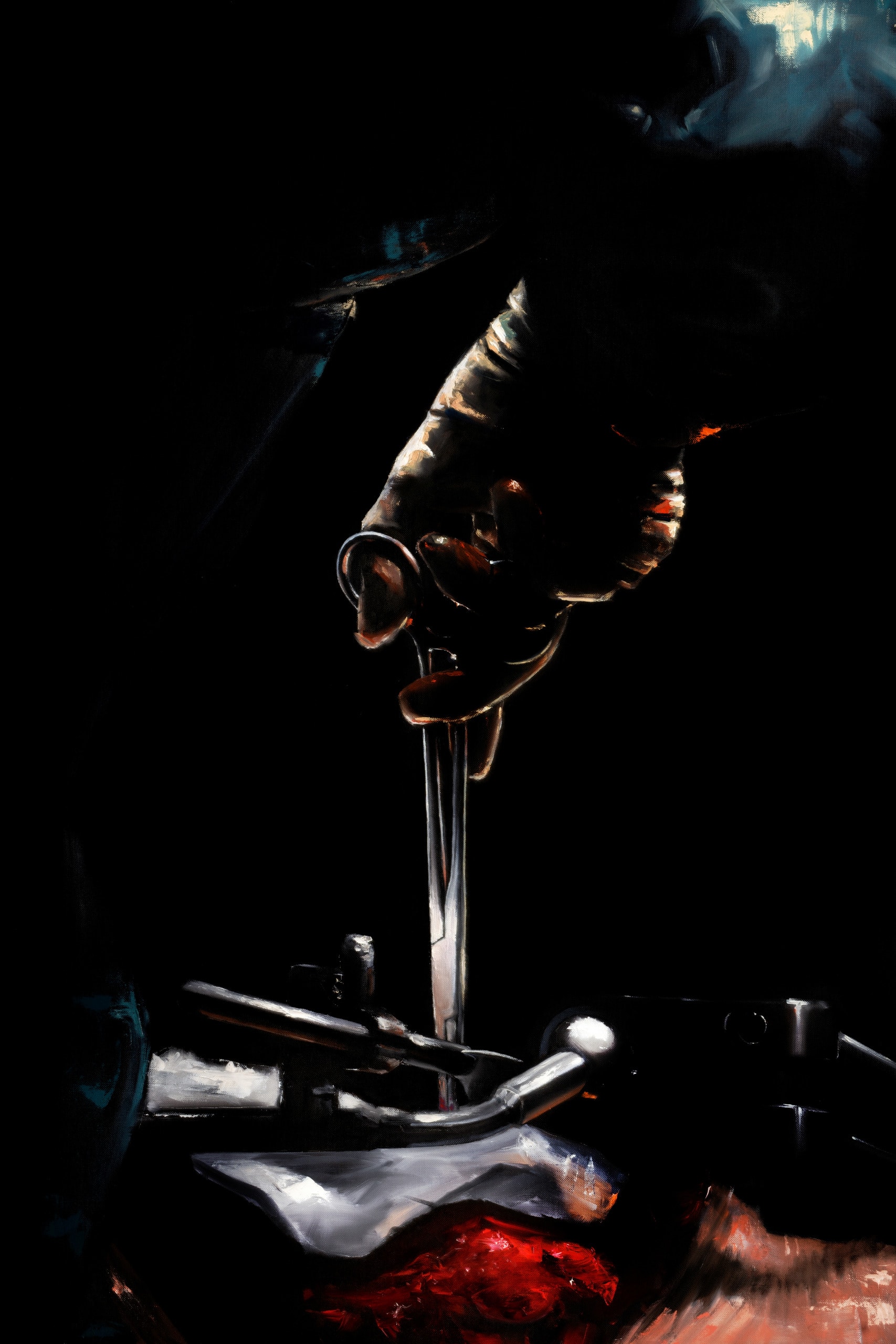 chiaroscuro close up of hand holding surgical clamp in chest