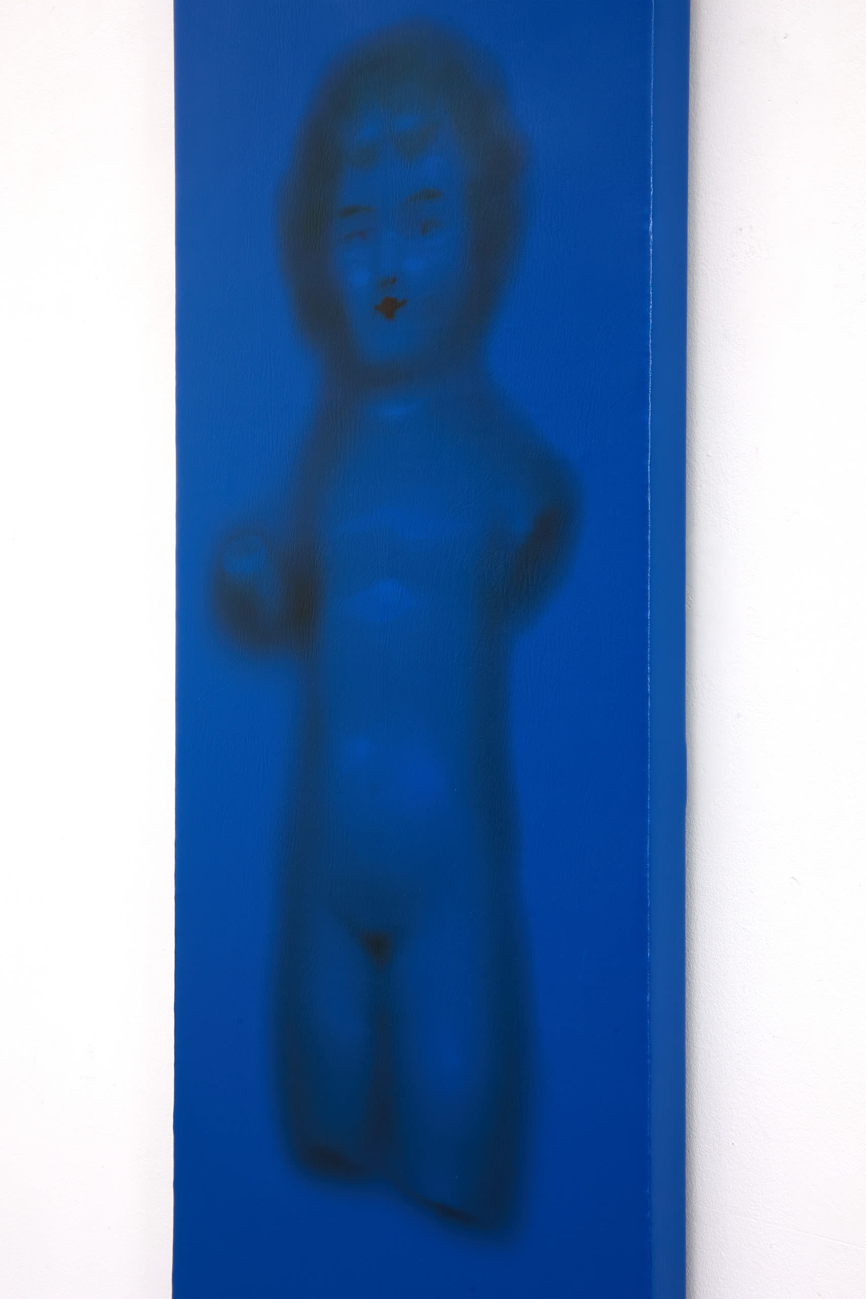 A UV printed faded image of a limb-less baby on a navy blue vinyl background that is stretched like a canvas.