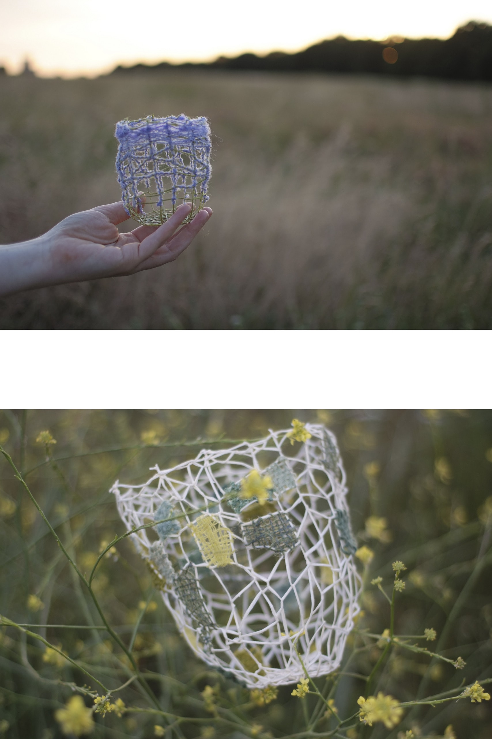 A hand holds a small vessel against a backdrop of an early evening meadow. The vessel is a mix of green and lilac threads. 