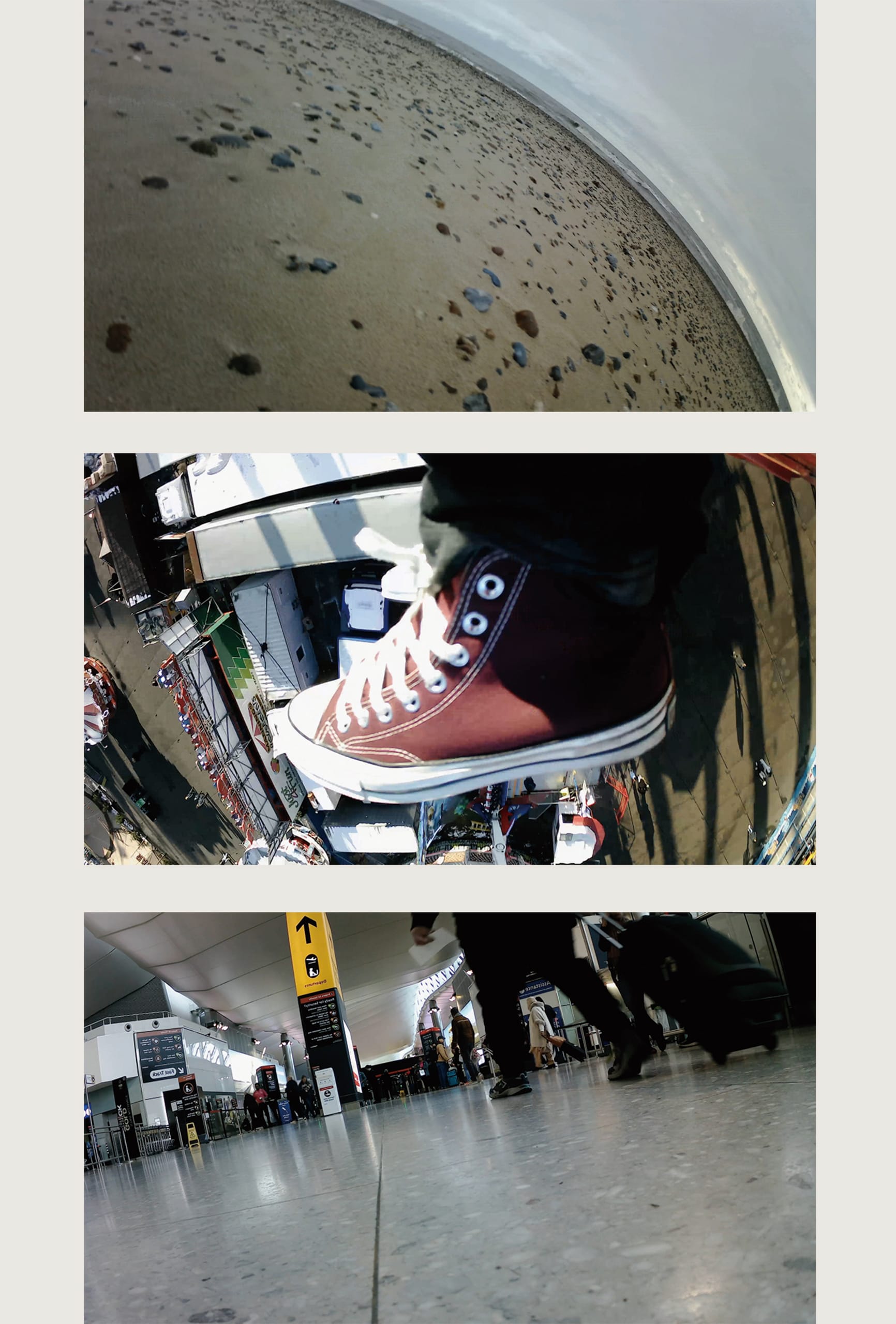 Three still images captured from distinct locations: a beach, an amusement park, and an airport.