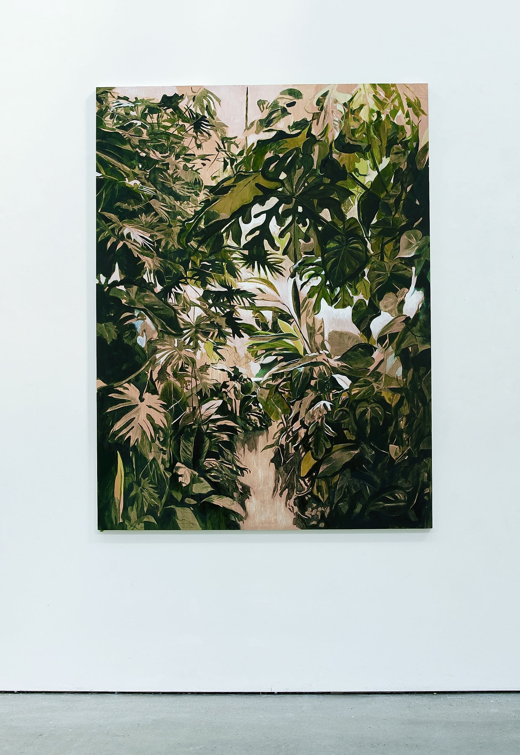 jungle branches painted on a wooden panel with a peachy ground colour