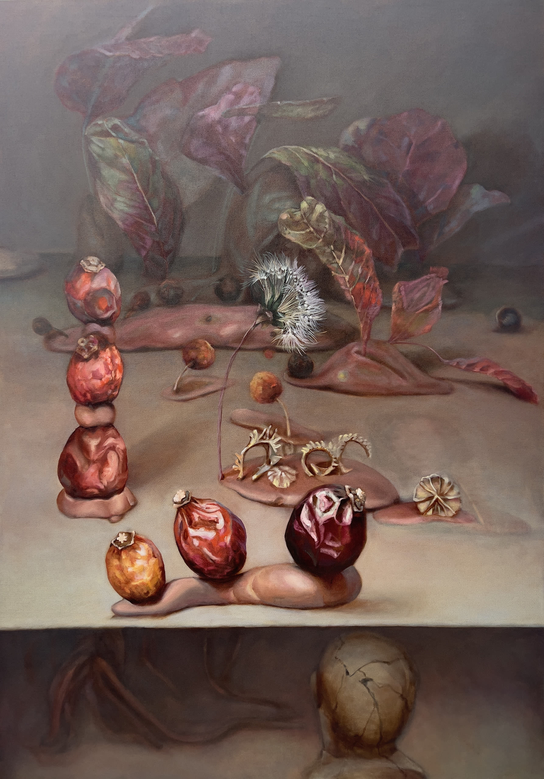 oil on linen figurative painting of still life with plants and seeds