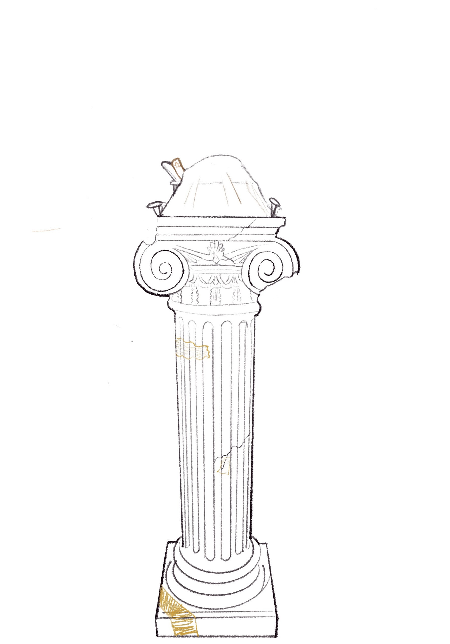 A pencil sketch of a broken greek ionic column with a soft toy and a toy medical stretcher sit on it covered with white fabric.