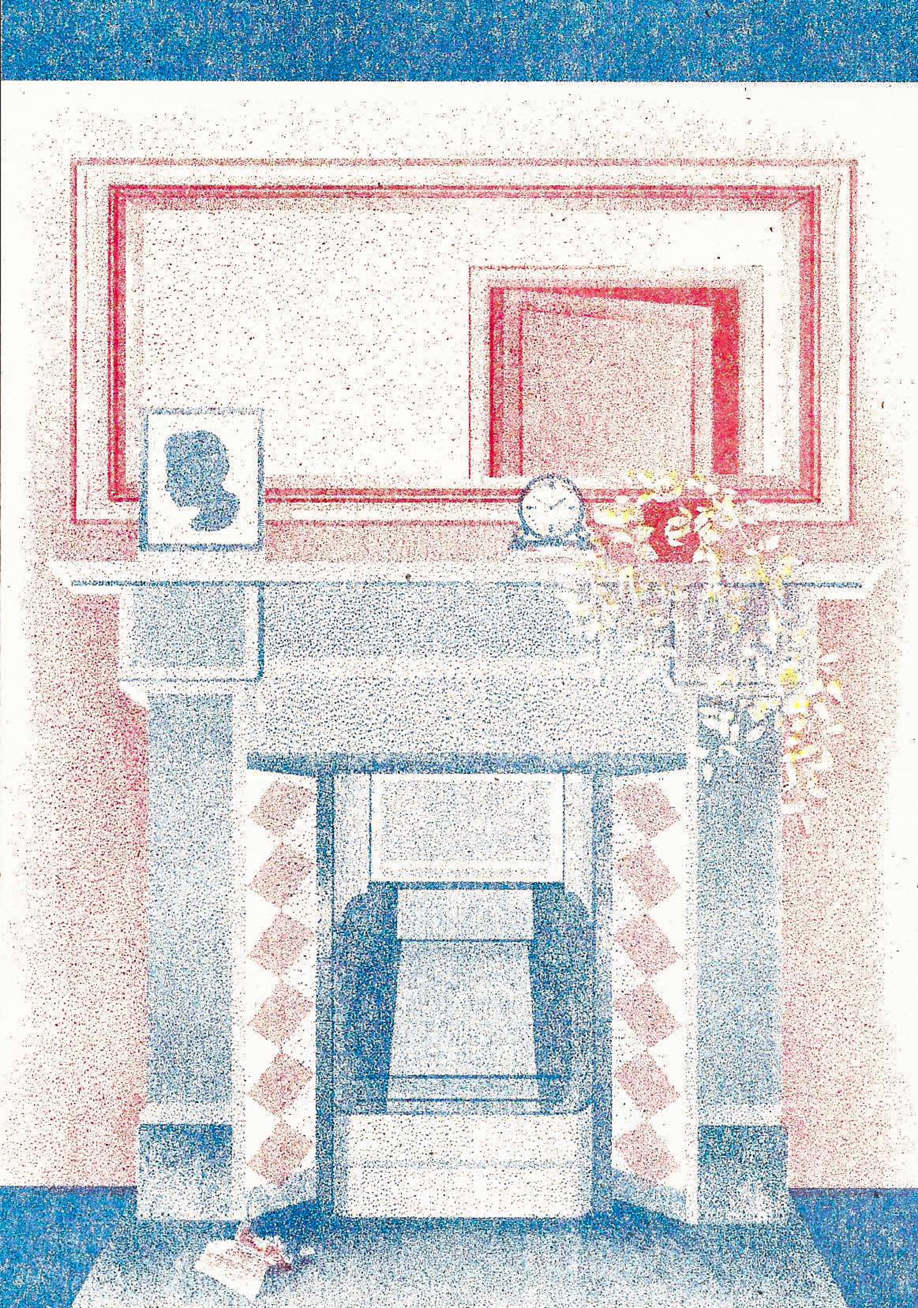 A myriorama card showing a fireplace with a half burned letter on the hearth. In the mirror a half open door is visible.