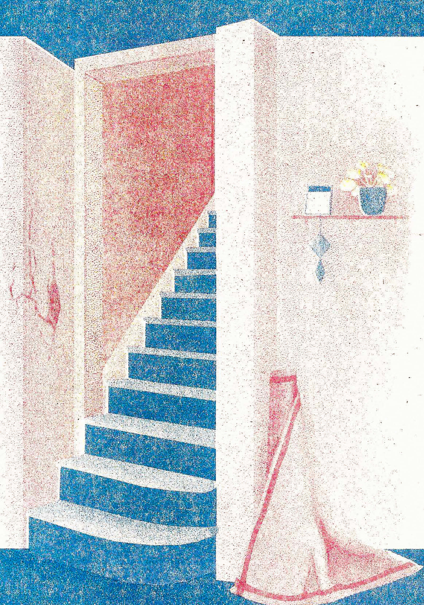 A myriorama card showing a staircase with a rolled up carpet leaning against it. The wall has a crack in it. 