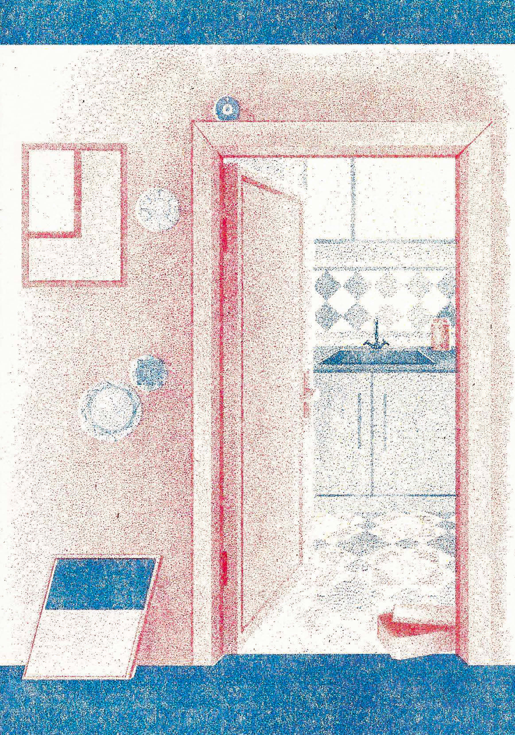 A myriorama card showing a doorway which leads to a kitchen. There is an open box in the doorway and a mirror on the floor.