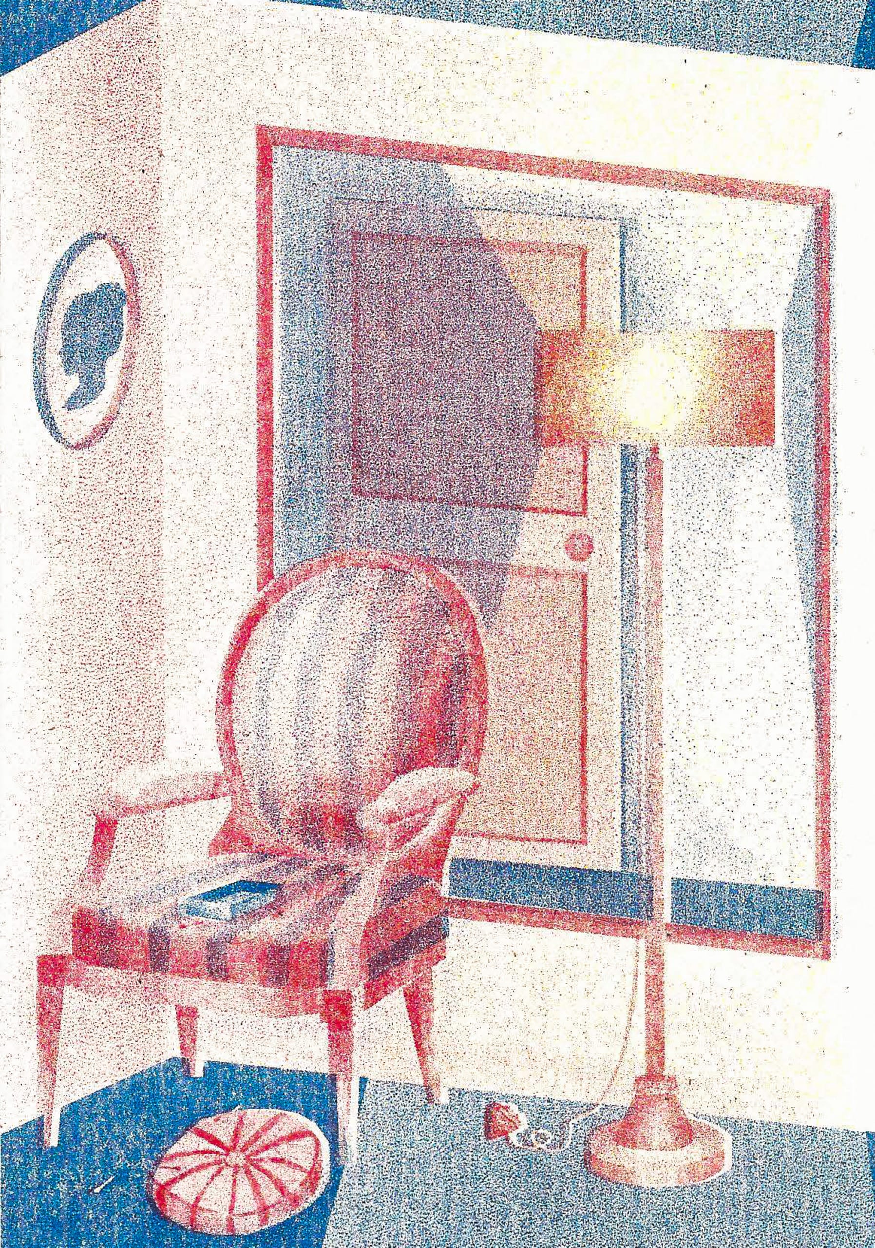 A myriorama card showing a chair with a spilled matchbox and a lamp which is on but is unplugged. There is a large mirror.