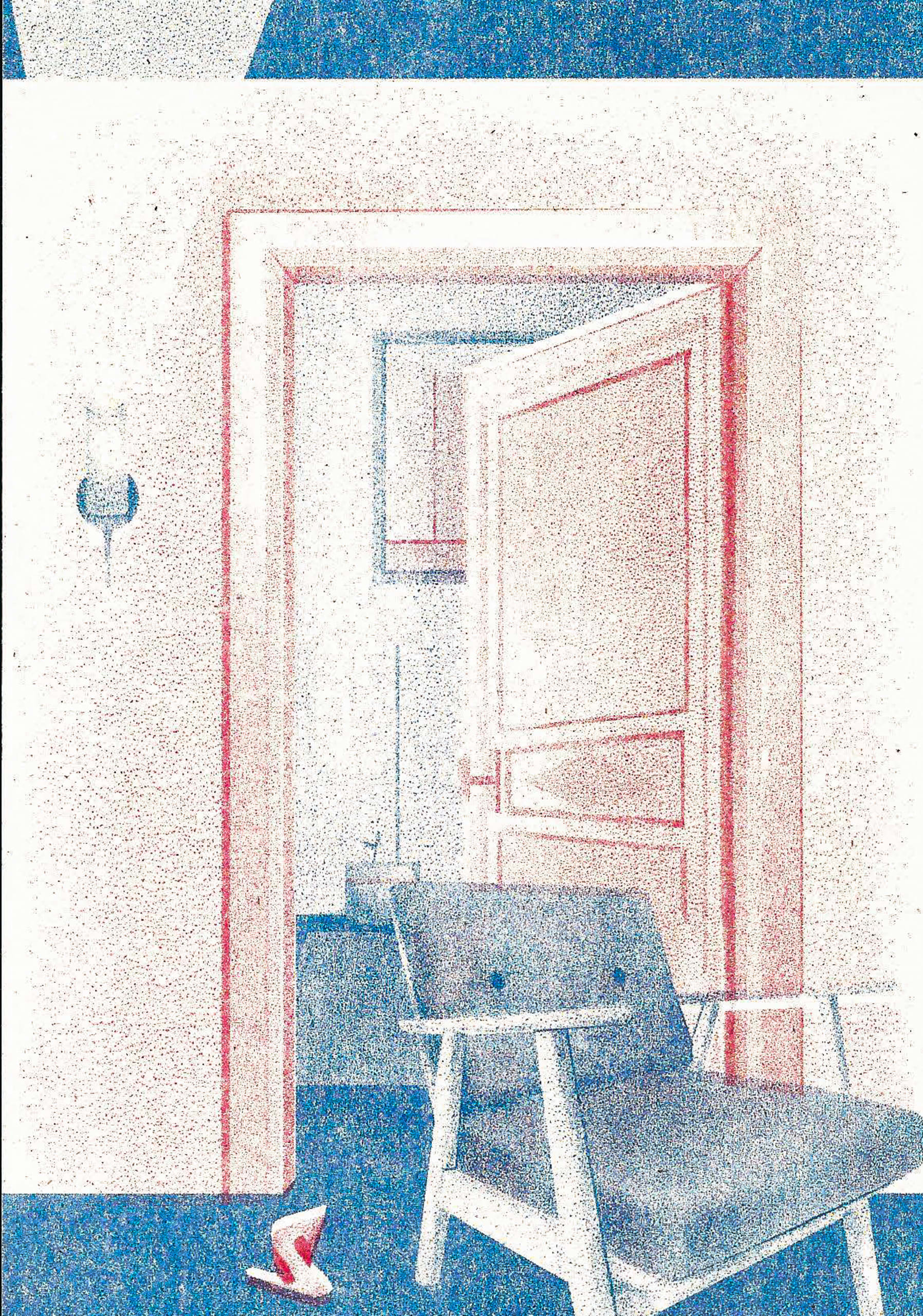 A myriorama card showing a doorway with a chair placed in front of it. One high heeled shoe is on the floor.