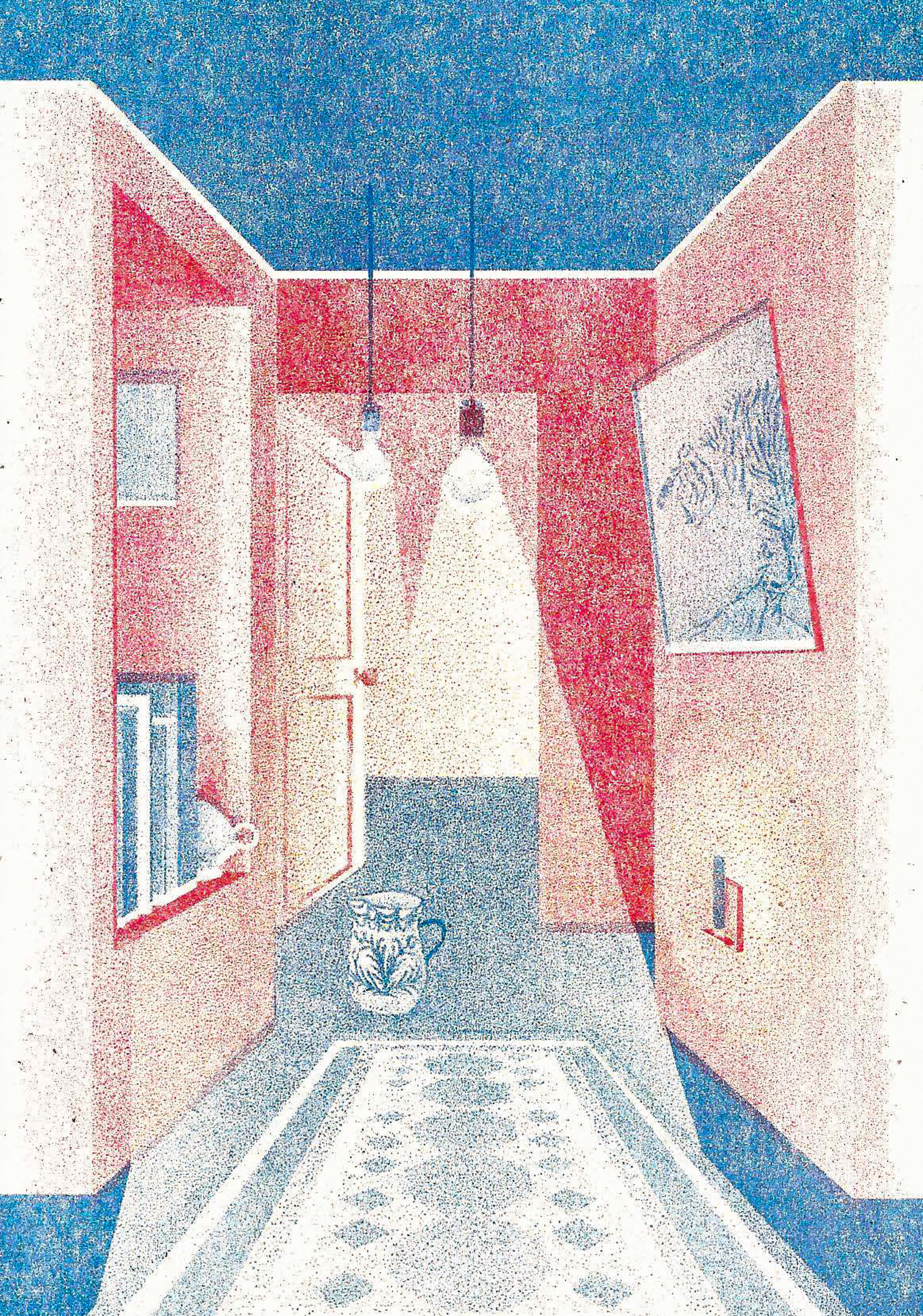 A myriorama card showing a hallway with a jug in the middle of the floor. Theere is a lit candle mounted low on the wall.