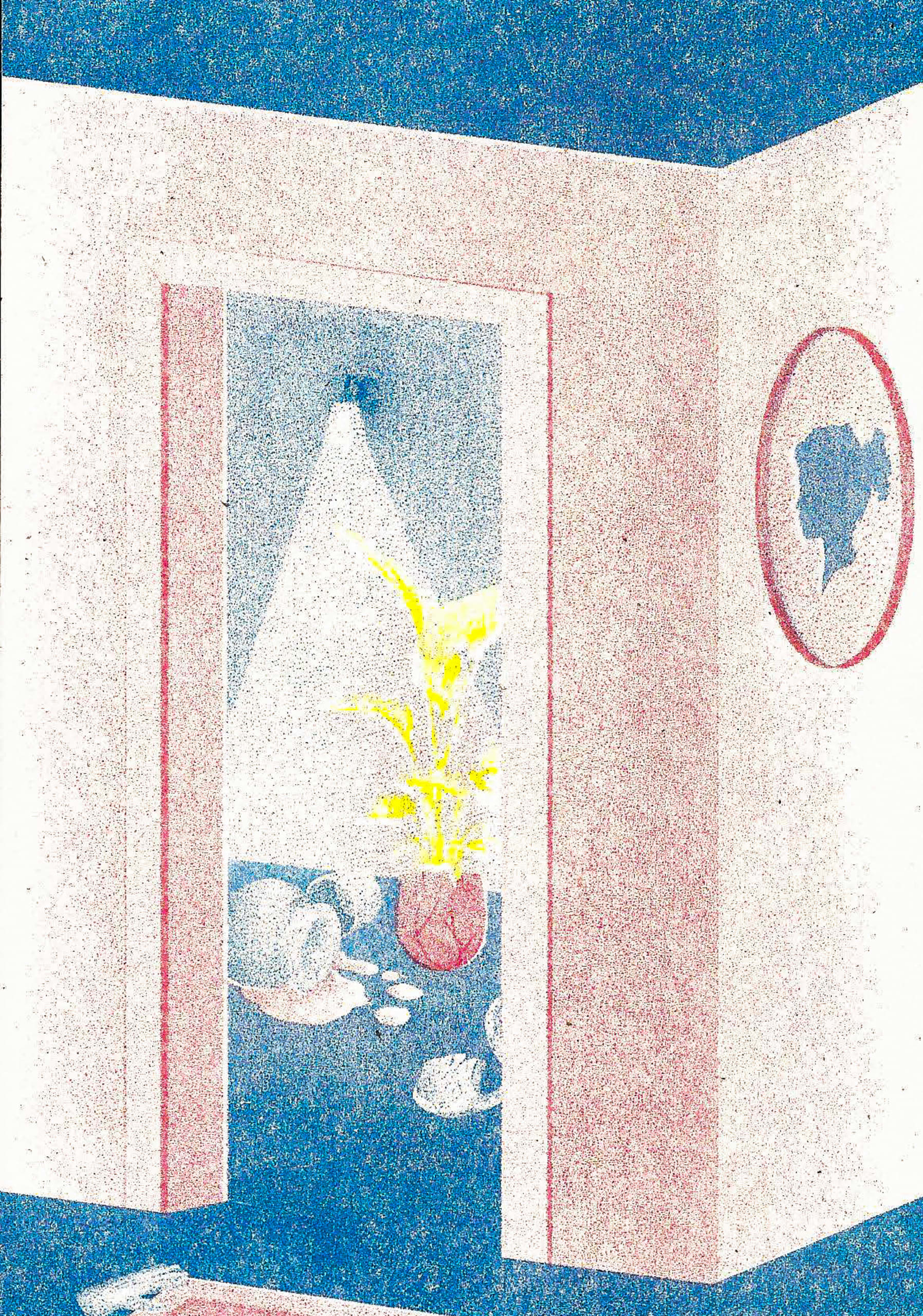 A myriorama card showing an entrance to a room with broken pots and liquid all over the floor. There is a glove in the entrance.