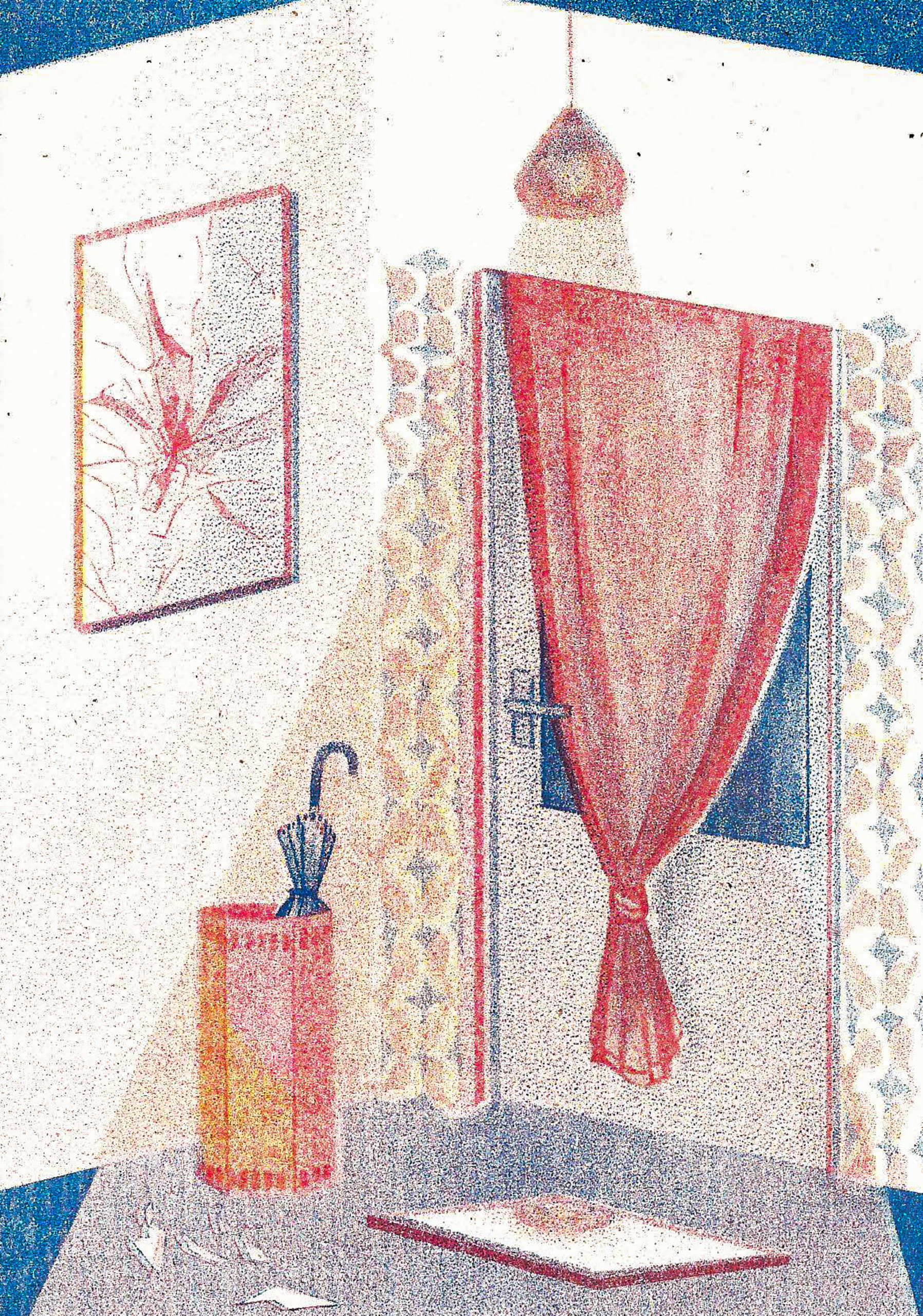 A myriorama card showing a door with a curtain in front of it. There is a broken mirror on the wall and an umbrella stand.