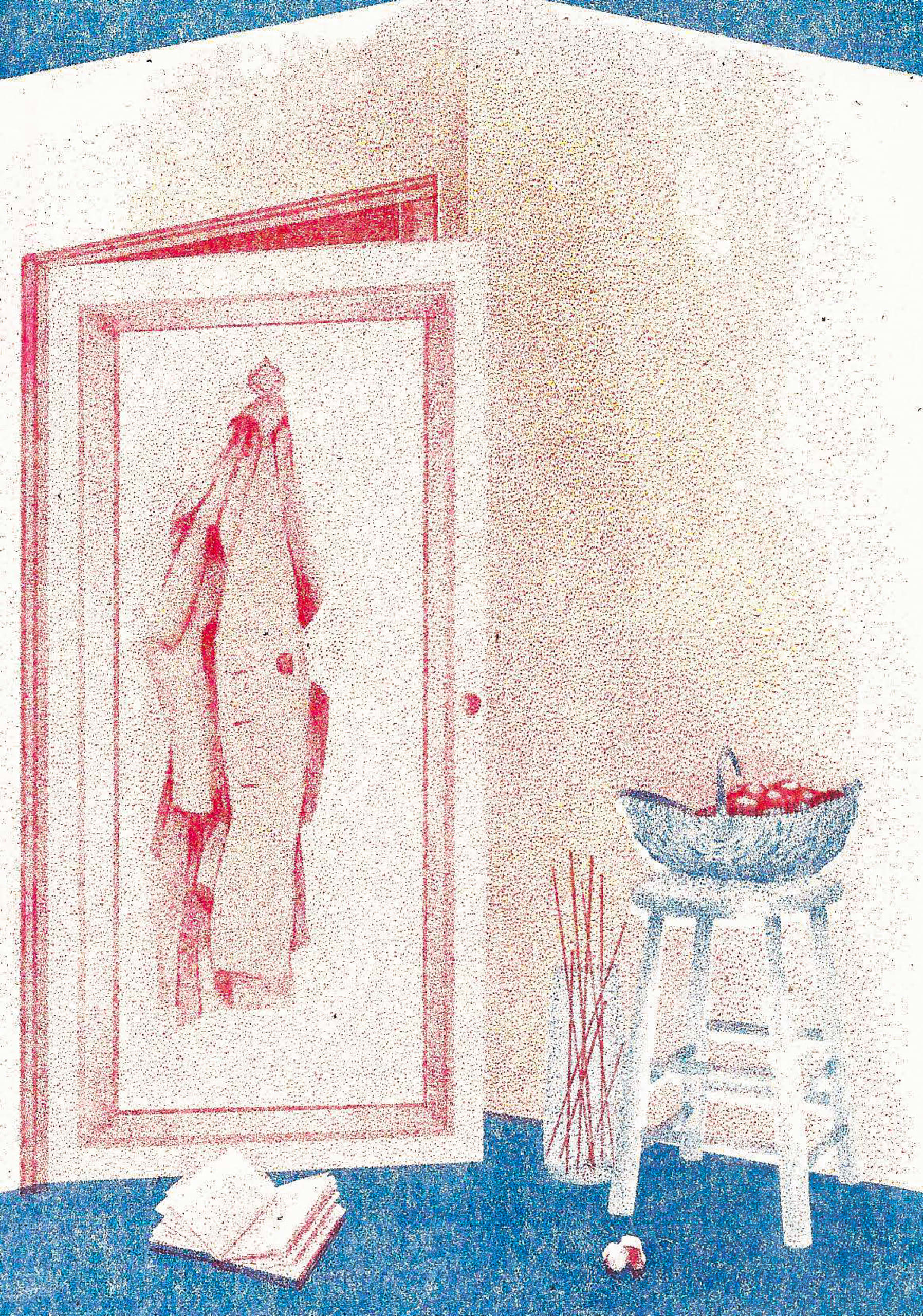 A myriorama card showing an open door with no knob. There is an open book on the floor and a stool with a basket of fruit on it.
