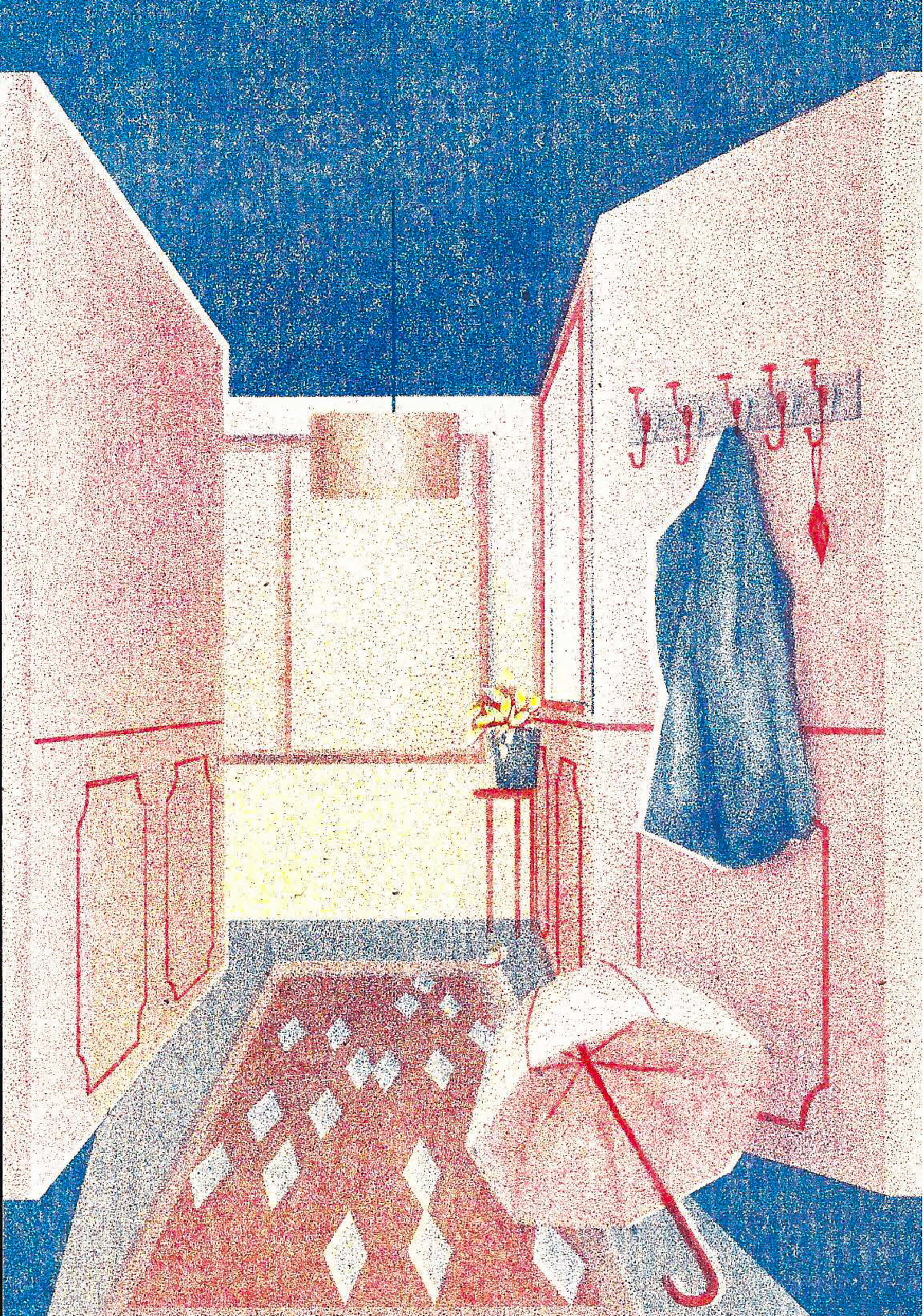 A myriorama card showing a hallway with an open umbrella on the ground.