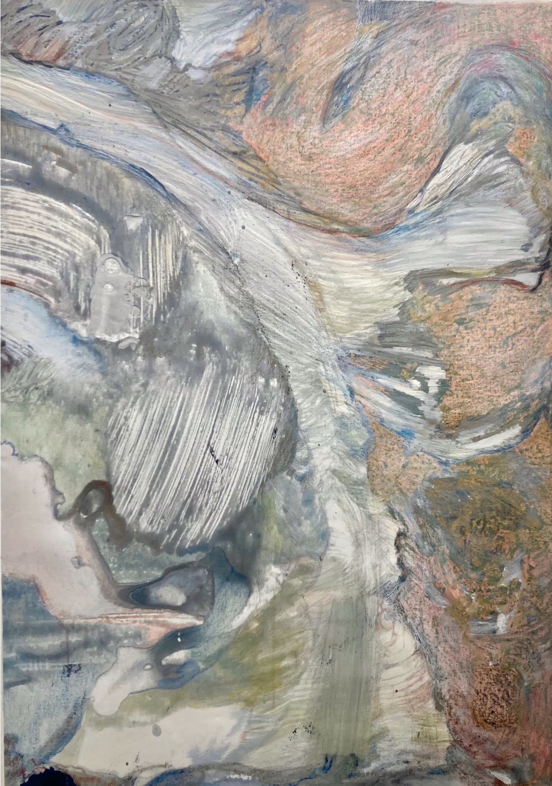 An abstract landscape made from washes of green and orange, which could be a glacier or river seen from above 