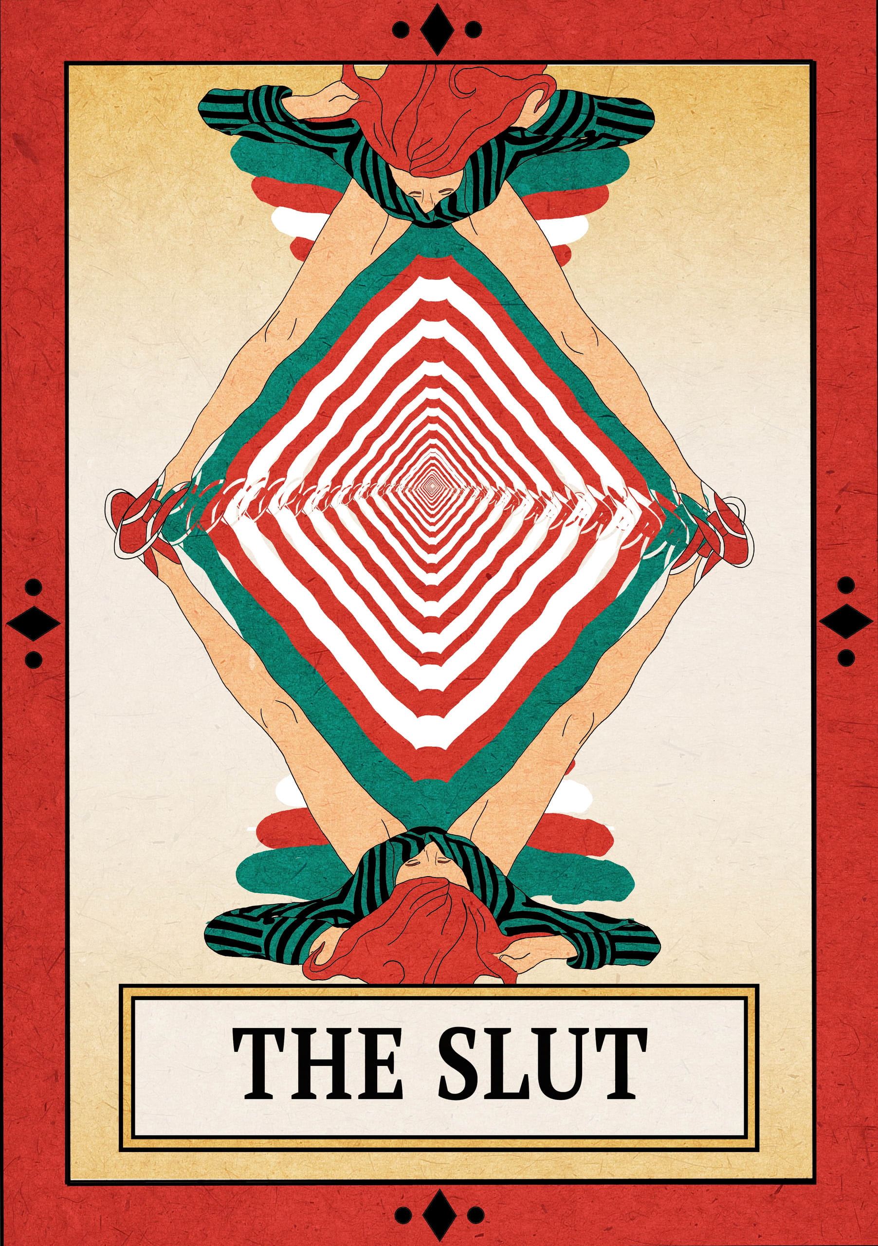 A woman spreading her legs is mirrored at the top and bottom of the card. Between her legs, an hypnotic pattern is represented. 