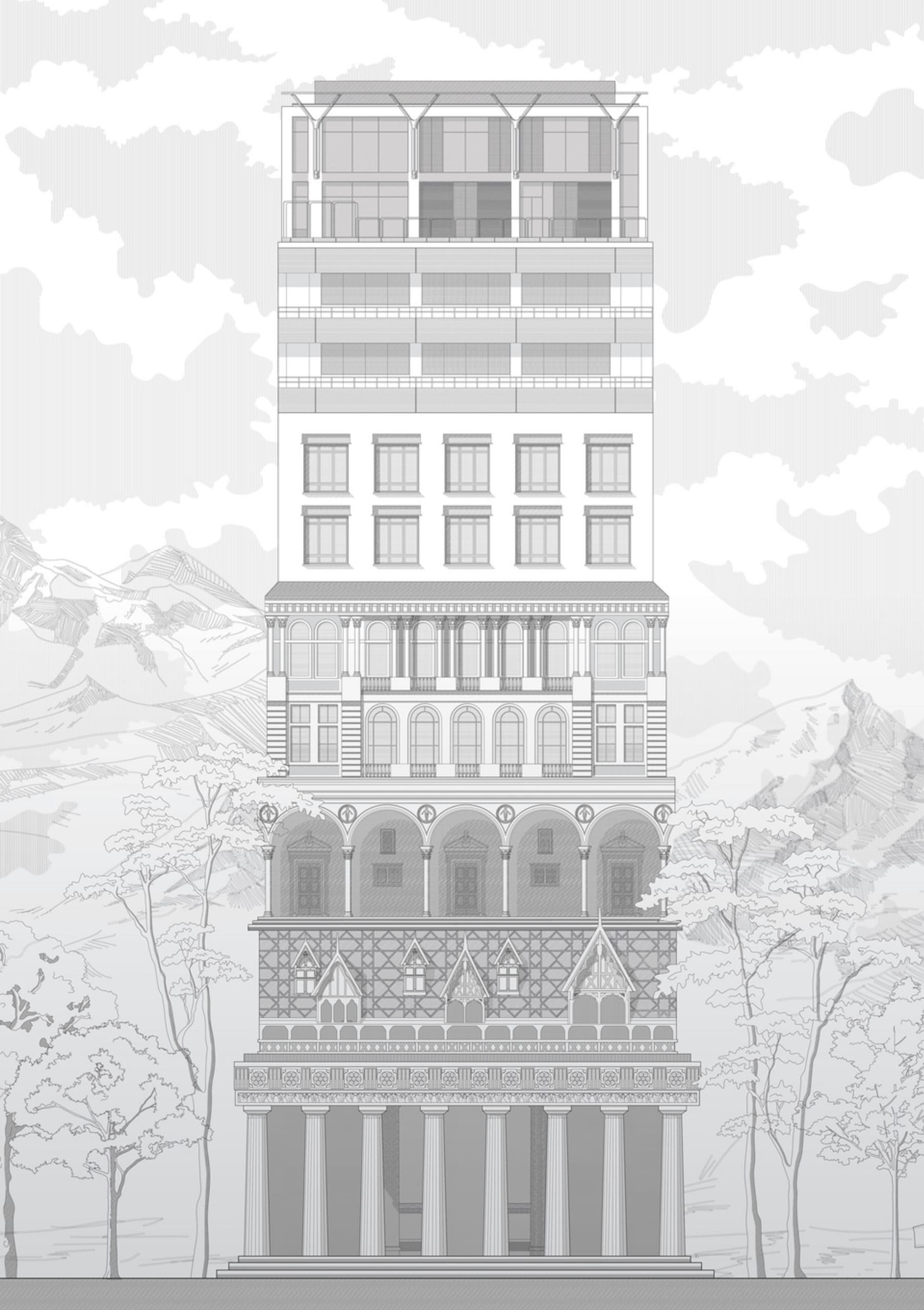 Architecture's Medical History: Line drawing, after Gandy’s 1830 painting depicting the evolution of architectural language