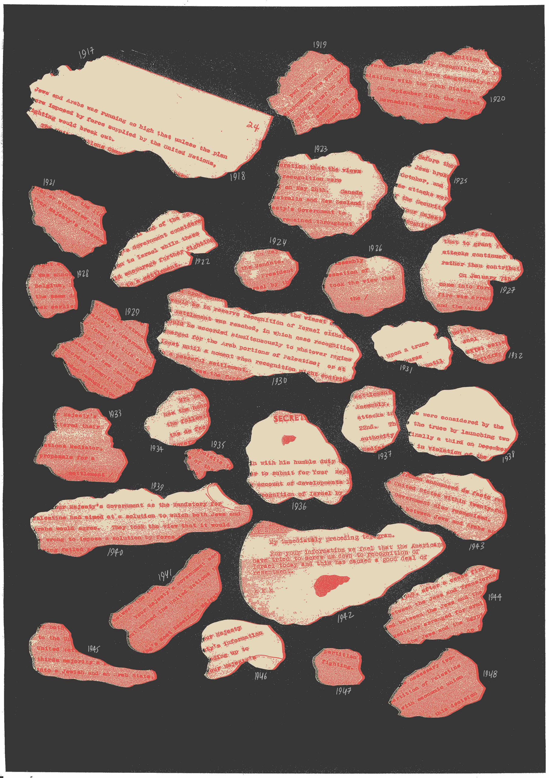 Archival information from the British Mandate over Palestine in a stone shape composition