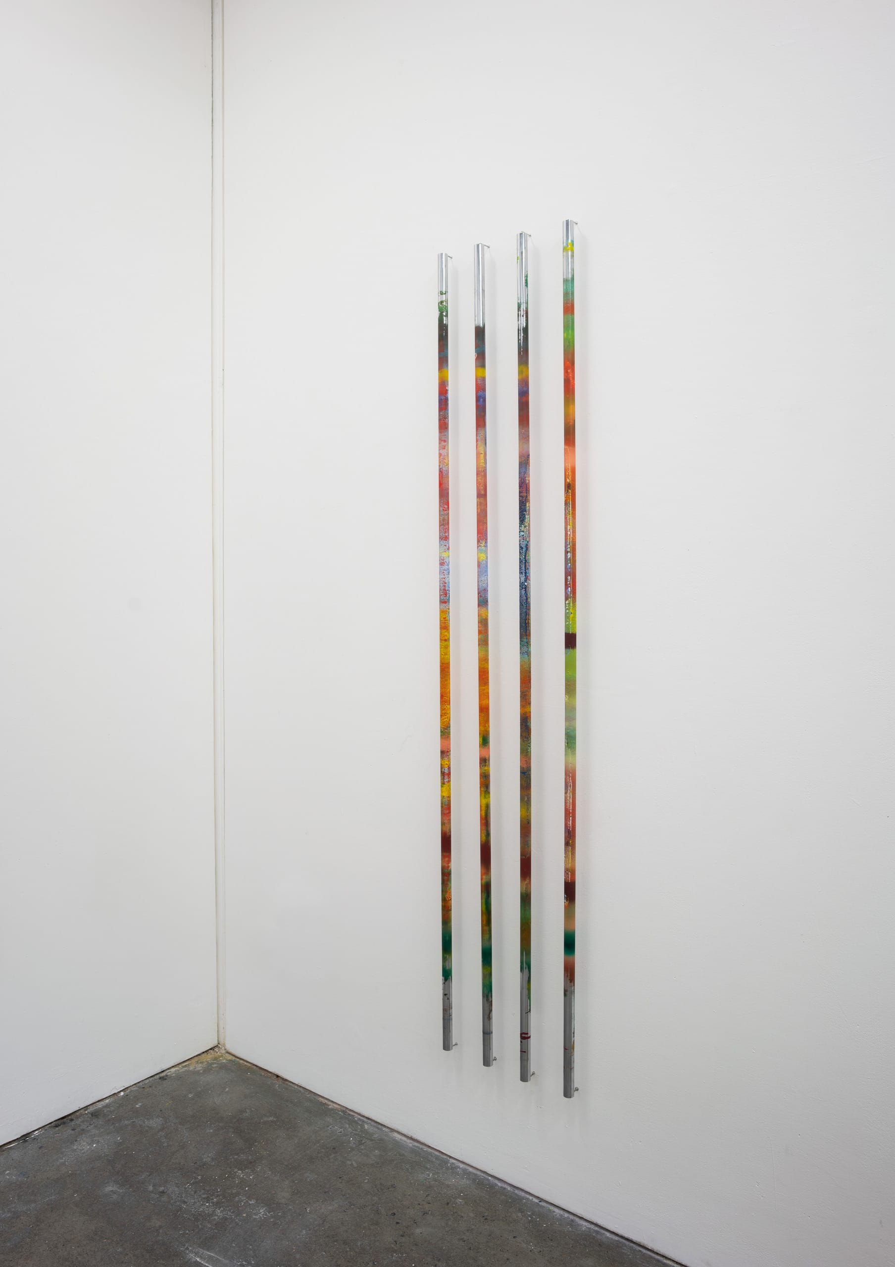 install of Artefacts of Stochastic 1, 2 and 3. oil paint on chrome bars