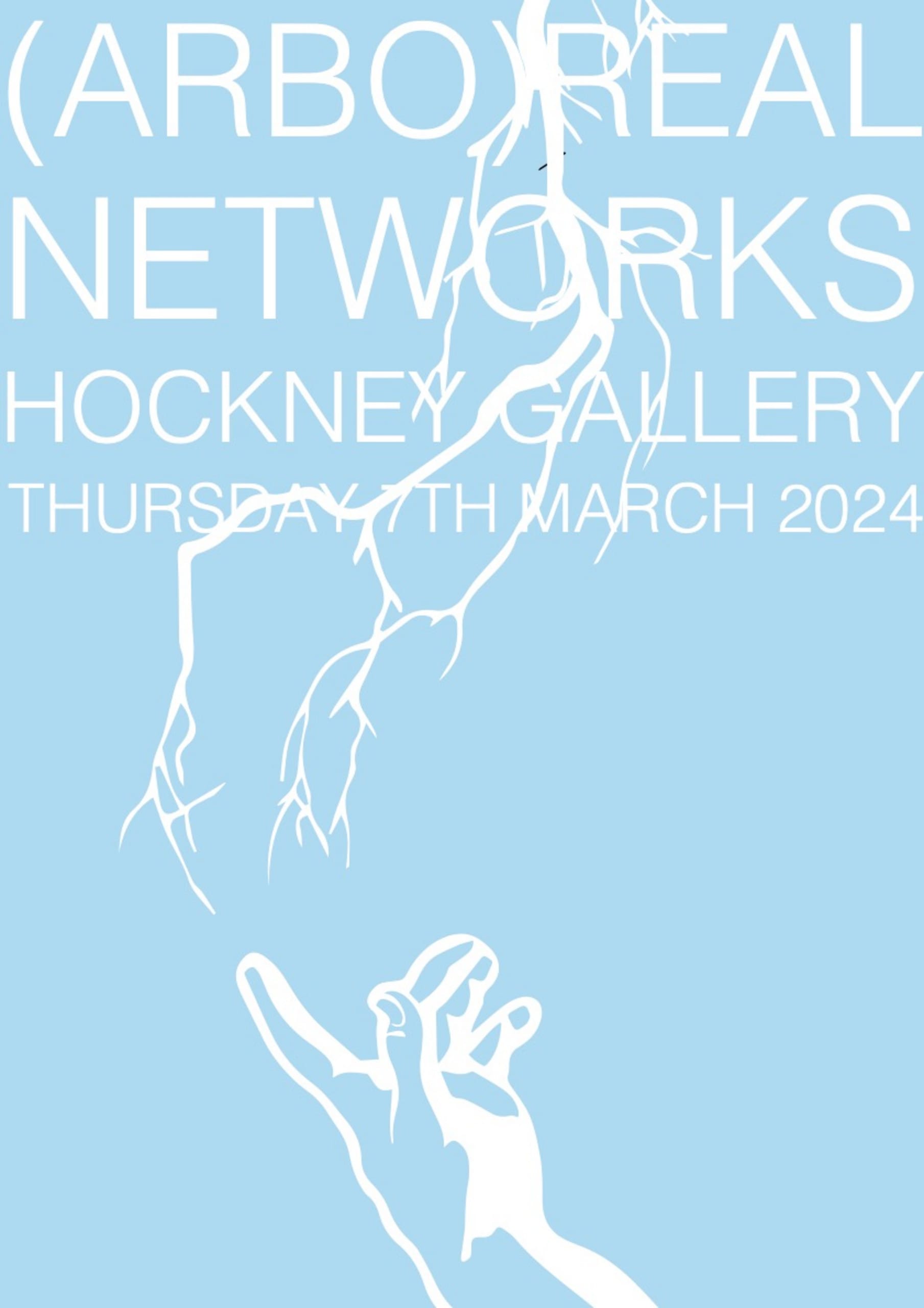 Exhibition poster with a linear graphic style hand touching the branches of a tree.