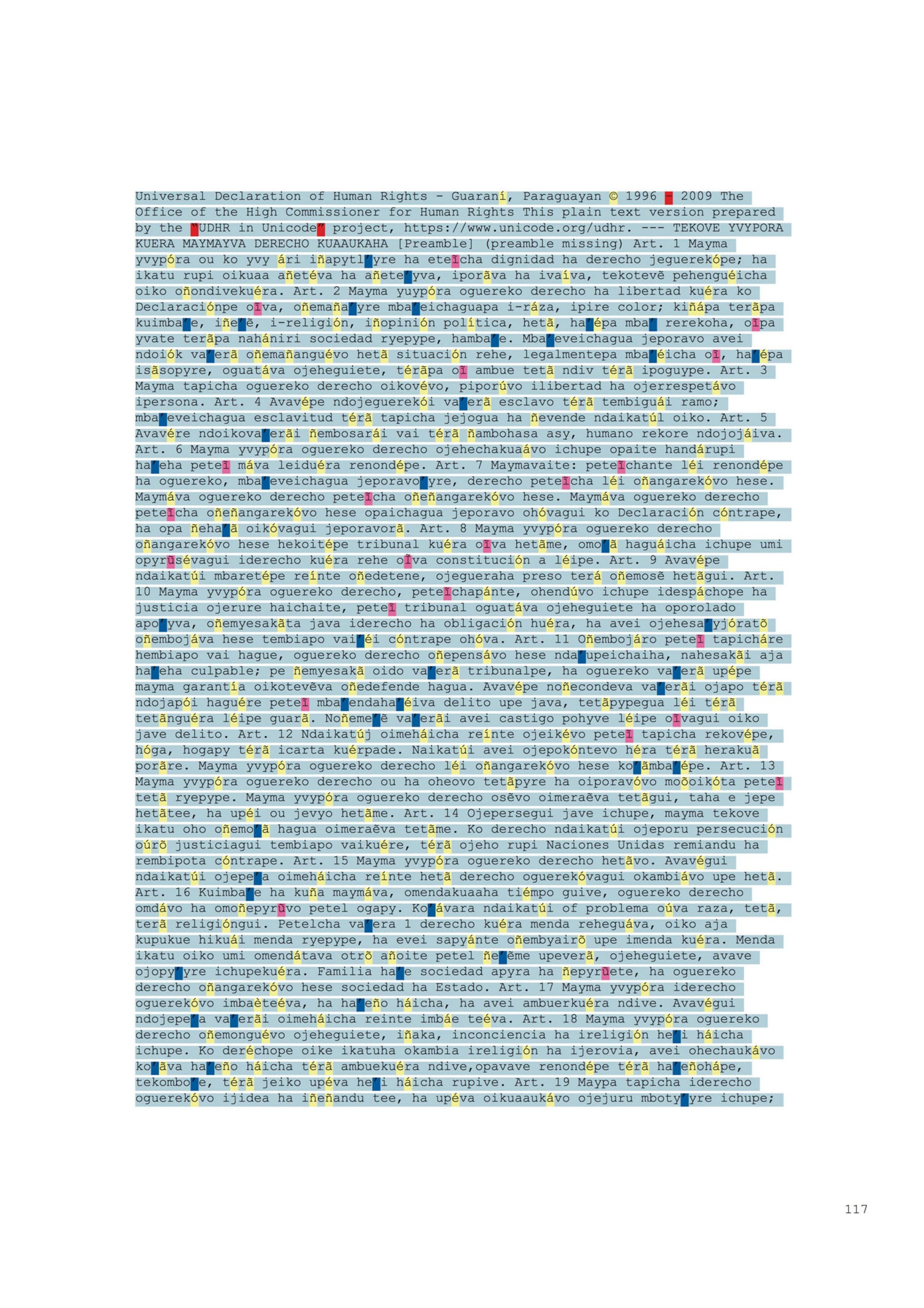 UDHR in Guarani, with text overlay. Each character colour-coded to a block in the Unicode Standard.