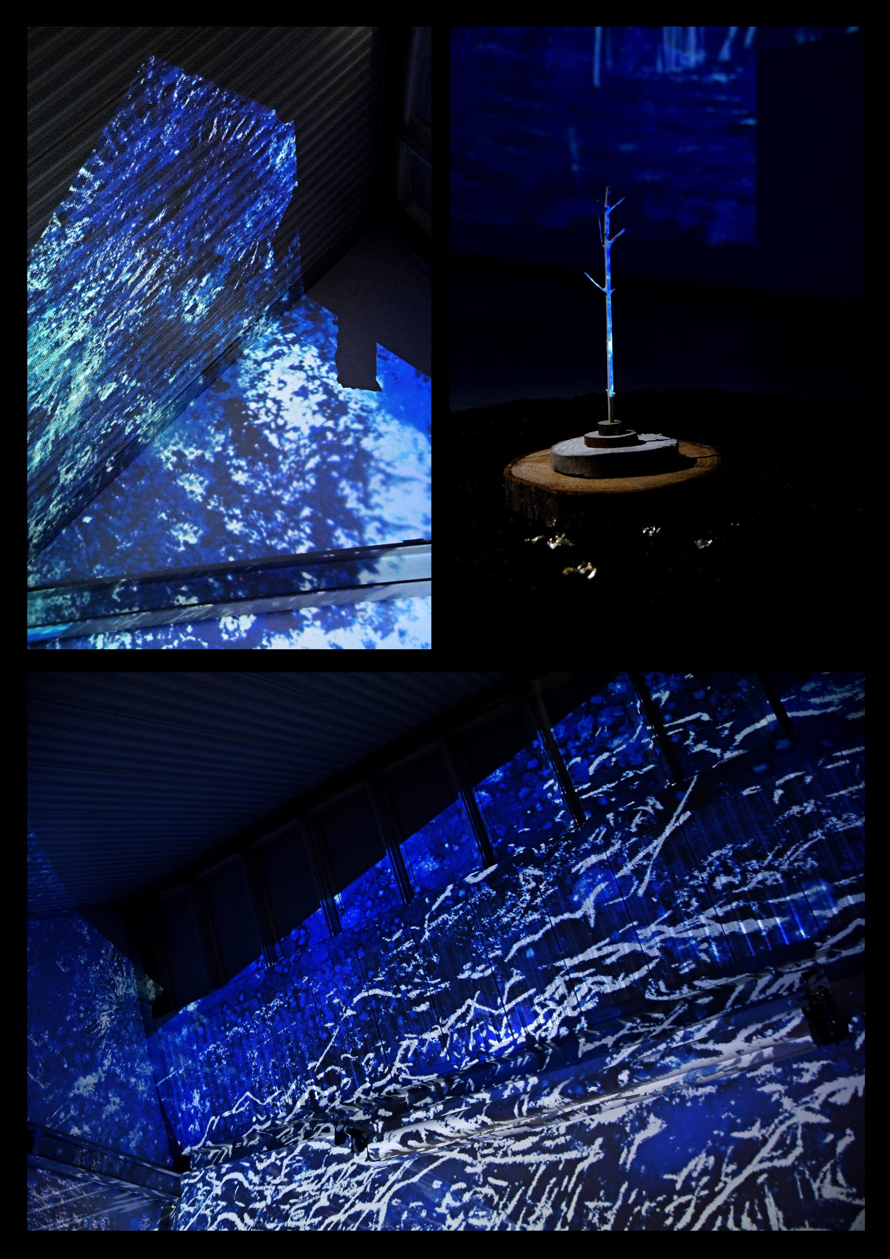 three images of abstract blue projections and a whittled stick on a ground of soil