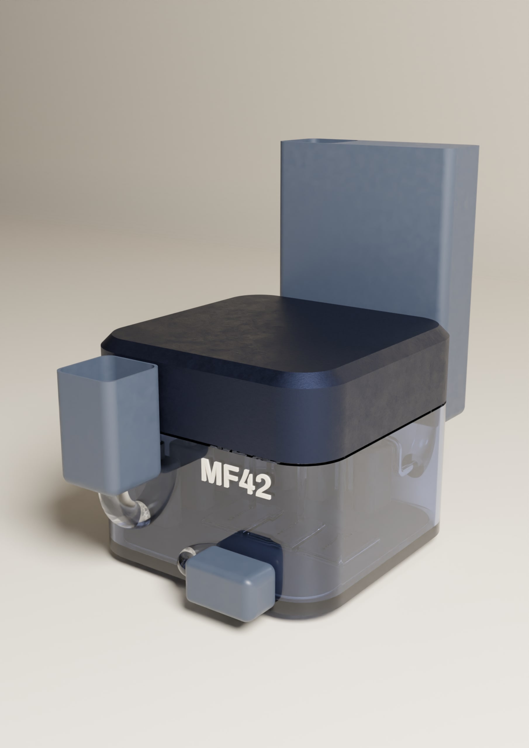 MF42 device render, translucent acrylic body. Peristaltic pumps, and MF42 device render, lid closed.