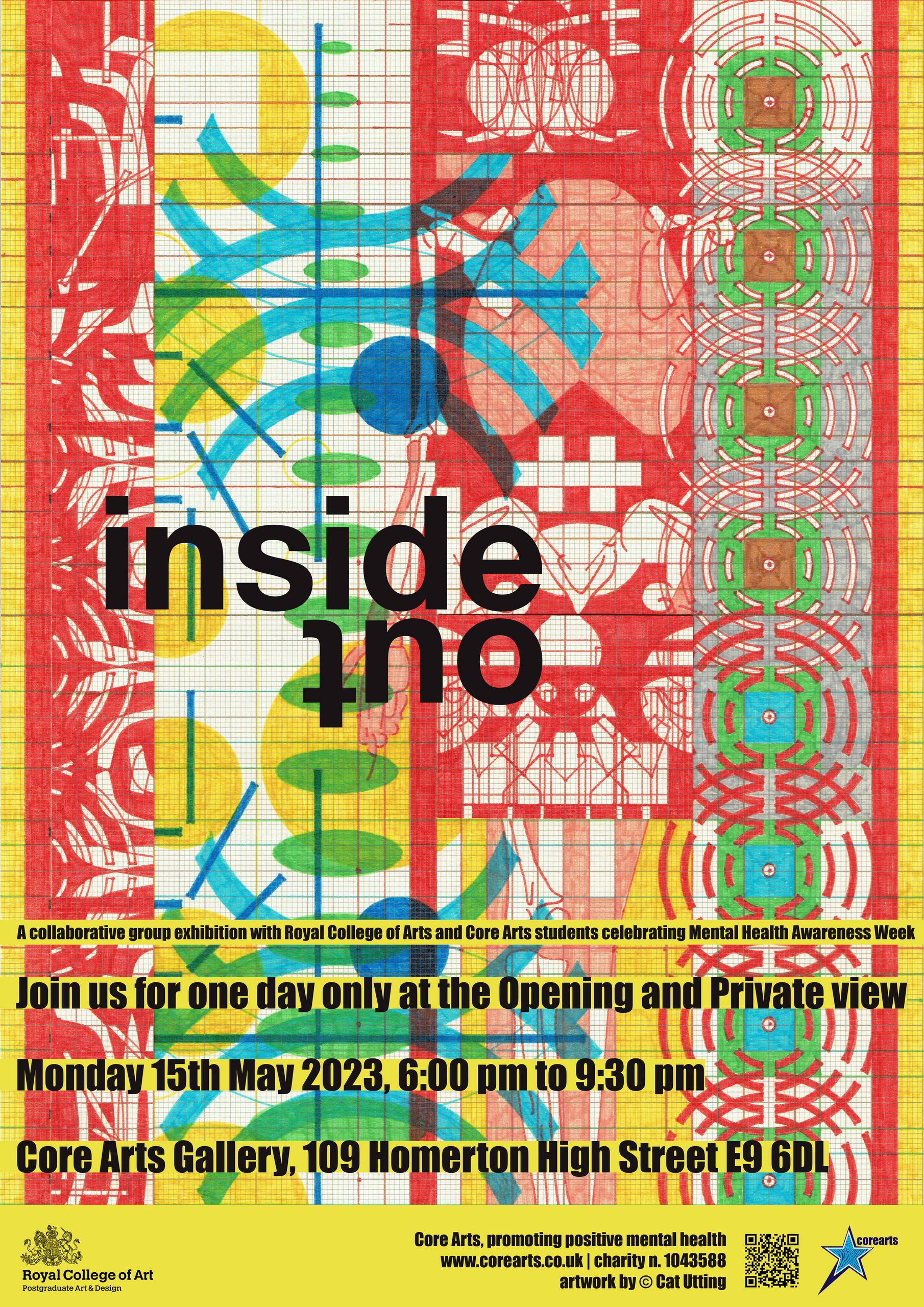 A multi-coloured exhibition poster that reads, Inside Out in bold black letters. 