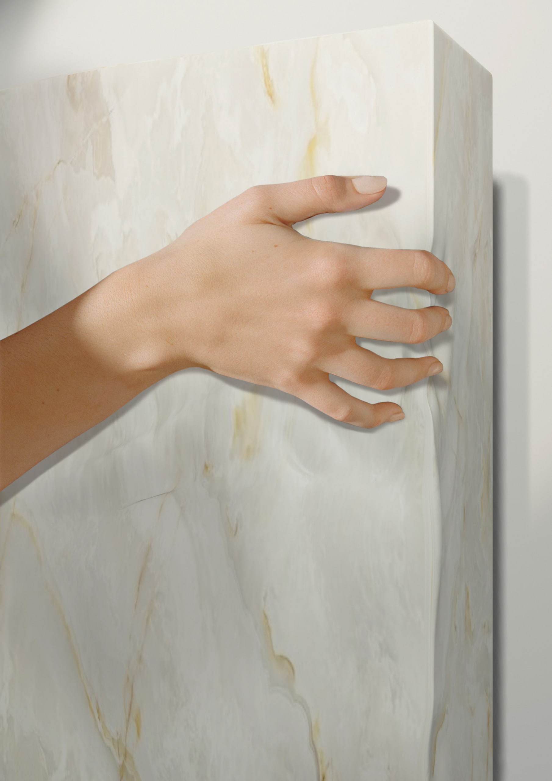 A hand hugging onto a marble wall, squeezing the marble