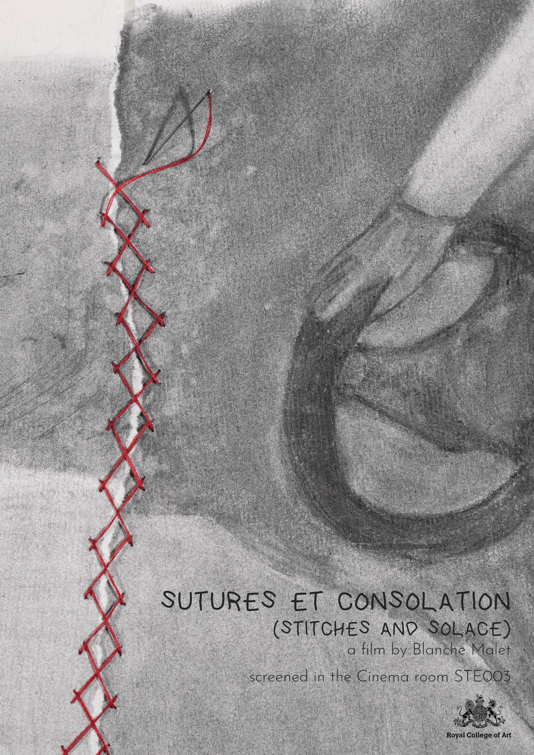 Film's poster showing a charcoal drawing with red stitching and the film's title at the bottom right