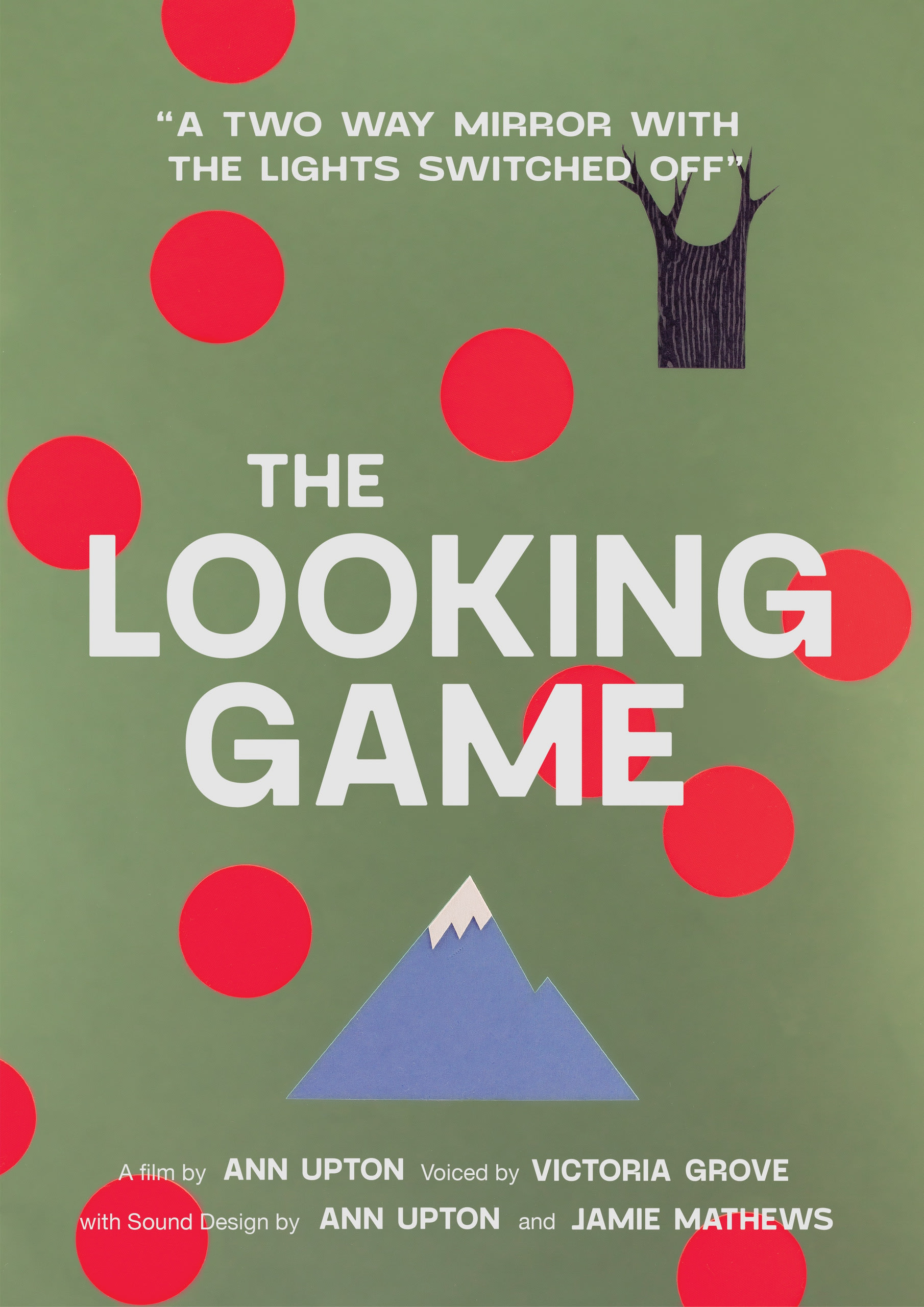 green and red poster made of paper, also showing mountain and tree, advertising film 'The Looking Game'.