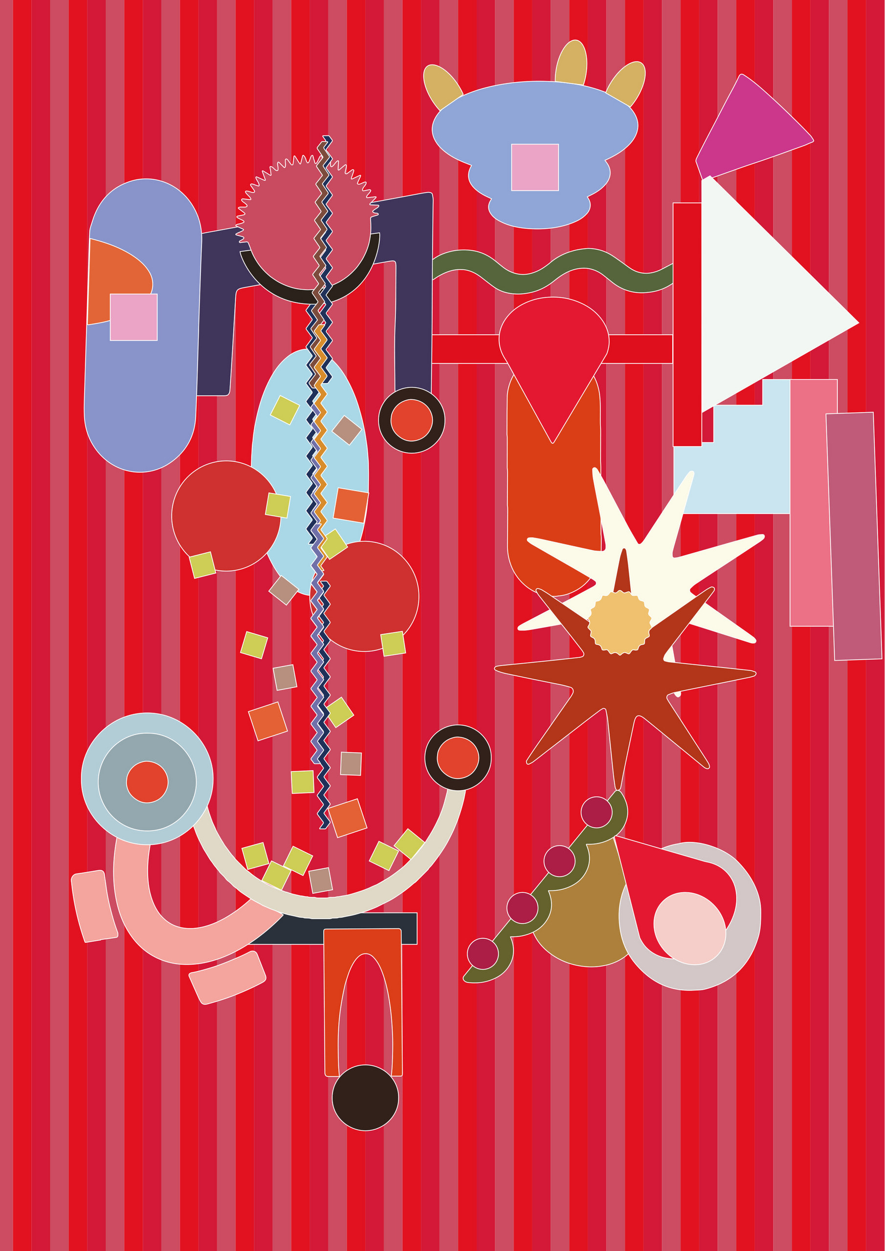 A digital version of a workshop creation. The background is red and pink stripes, with a flurry of different shape stickers. 