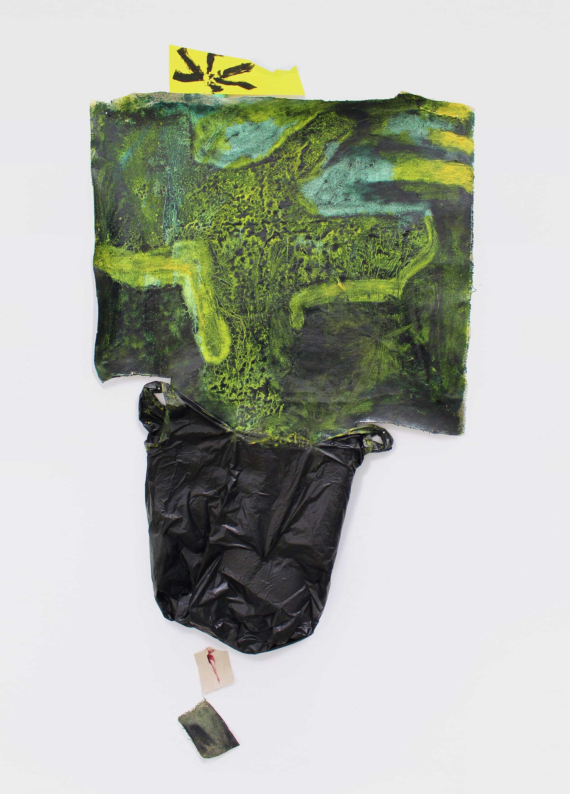 Assemblage using oil on canvas, oil stick, paper, wood, plastic carrier bag